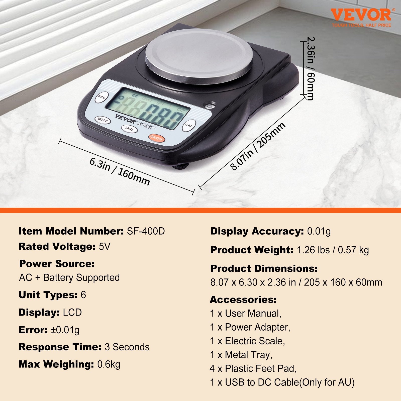 Analitinės svarstyklės VEVOR SF-400D, 600 g / 0,01 g tikslumas