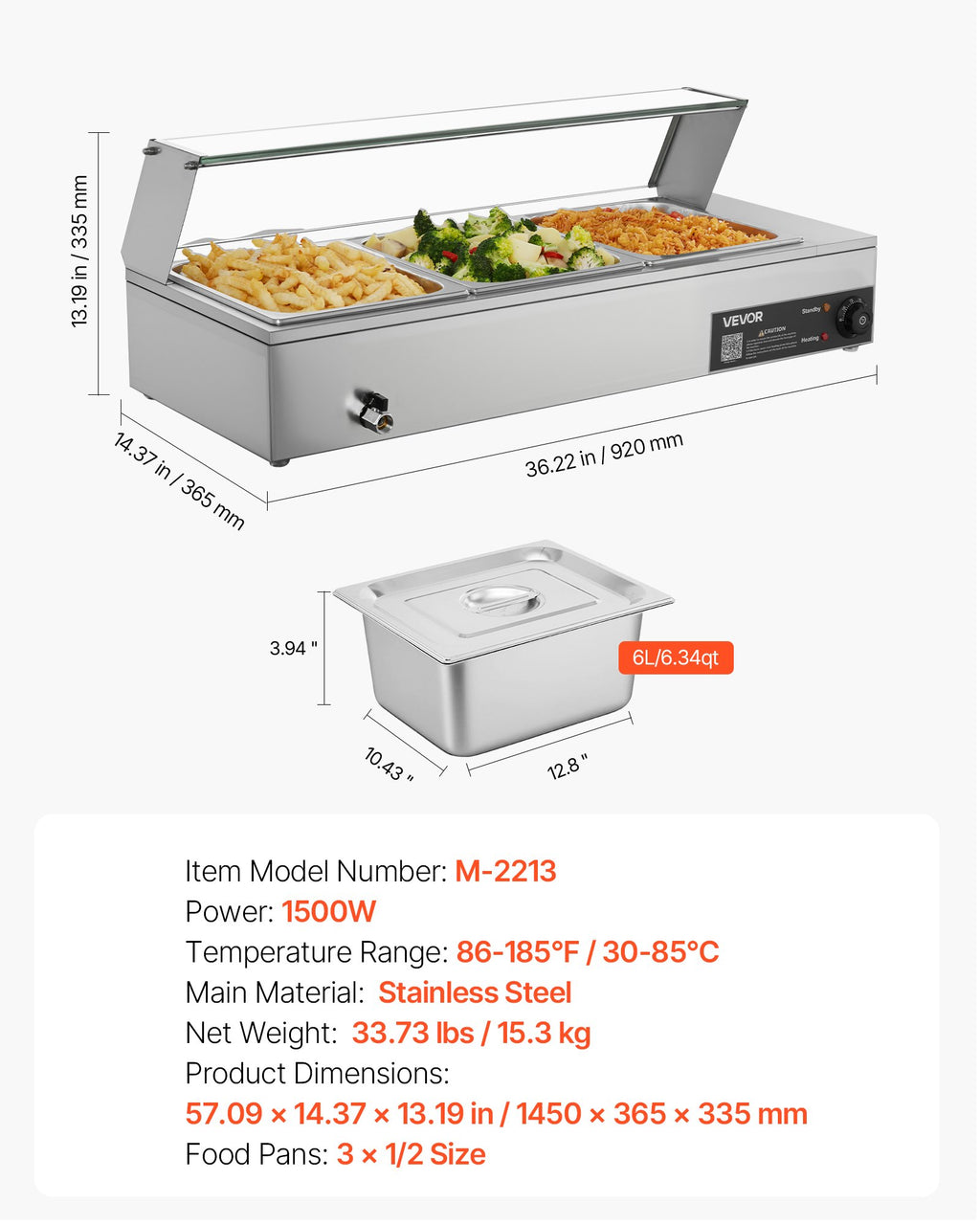Maisto šildytuvas (Marmitas) VEVOR M-2213, 1500 W