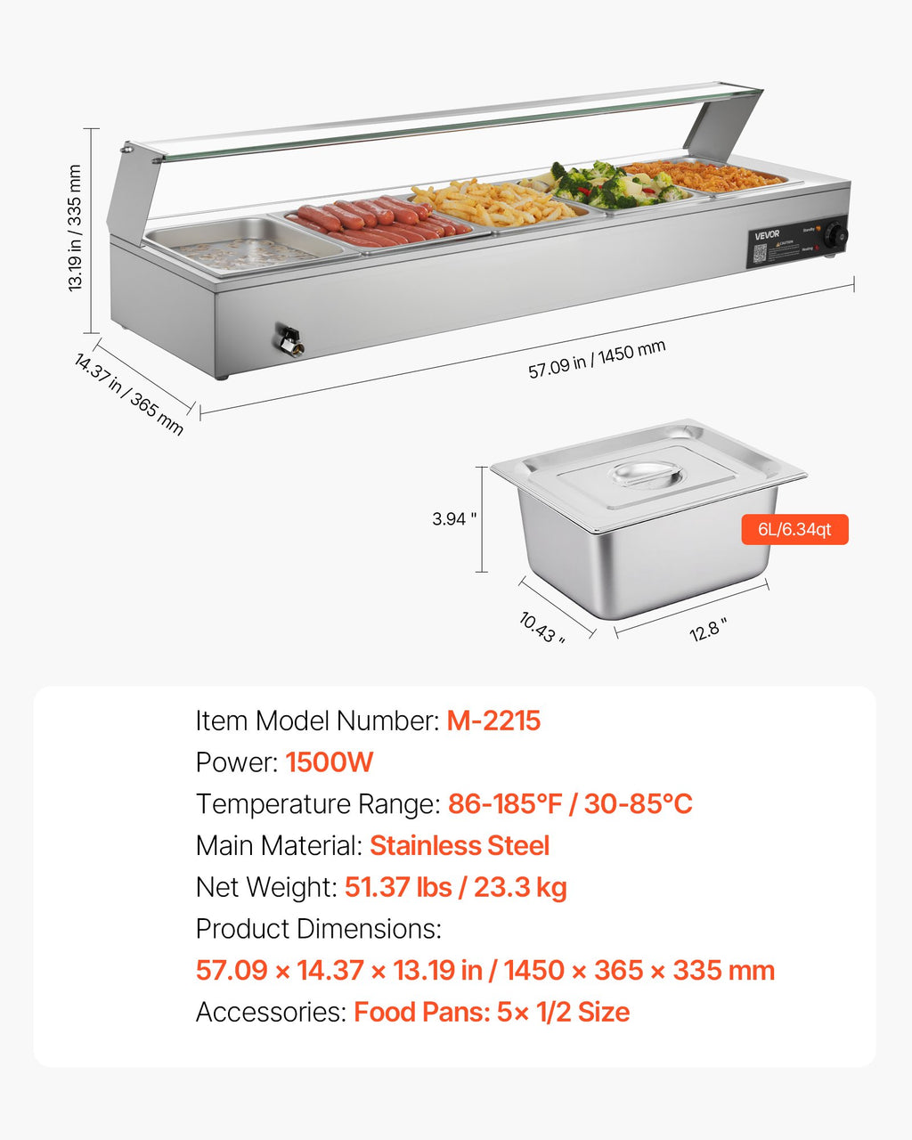Maisto šildytuvas (Bain Marie) VEVOR M-2215, 1500W