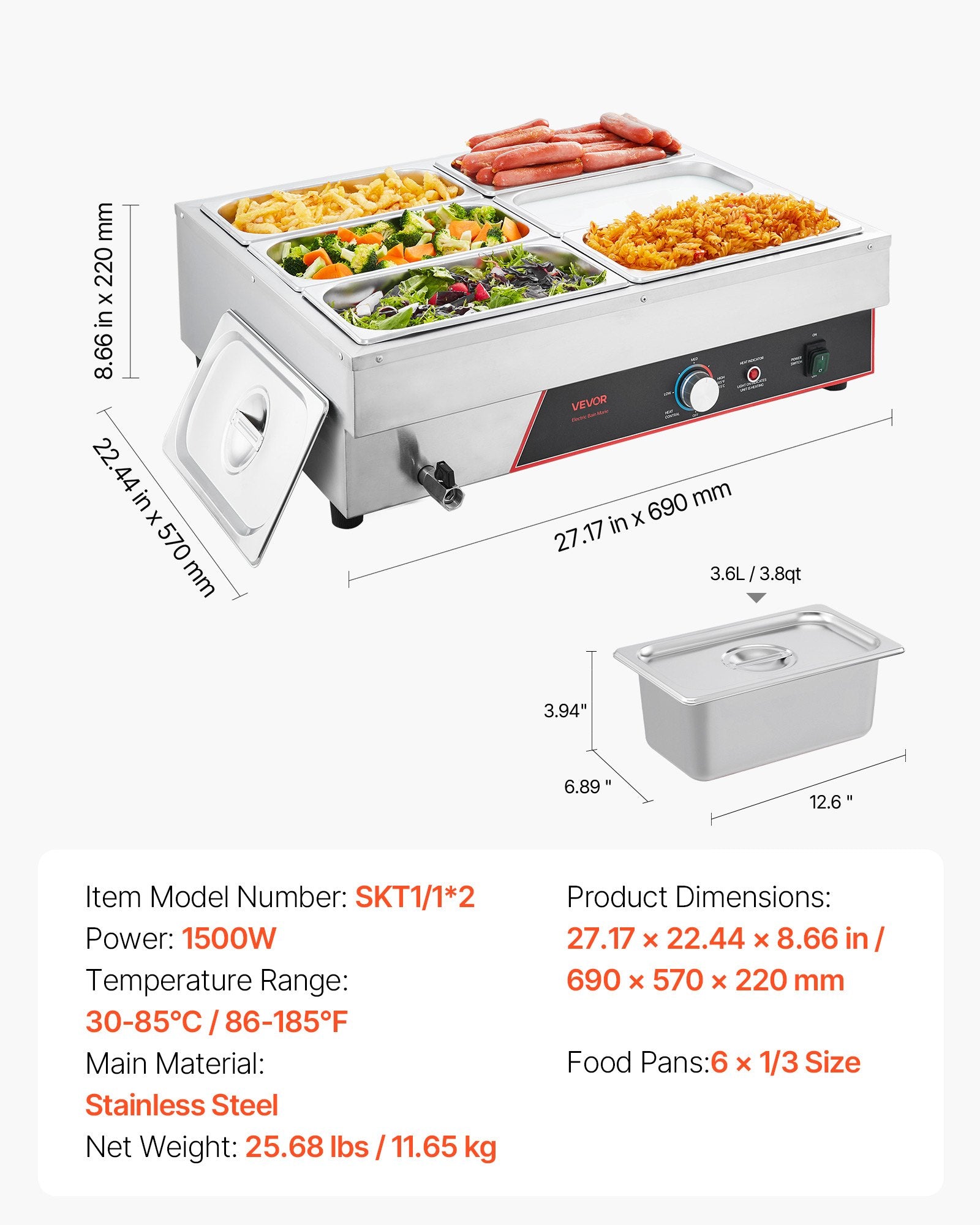Elektrinis maisto šildytuvas (marmitas) VEVOR SKT1/1*2, 1500W