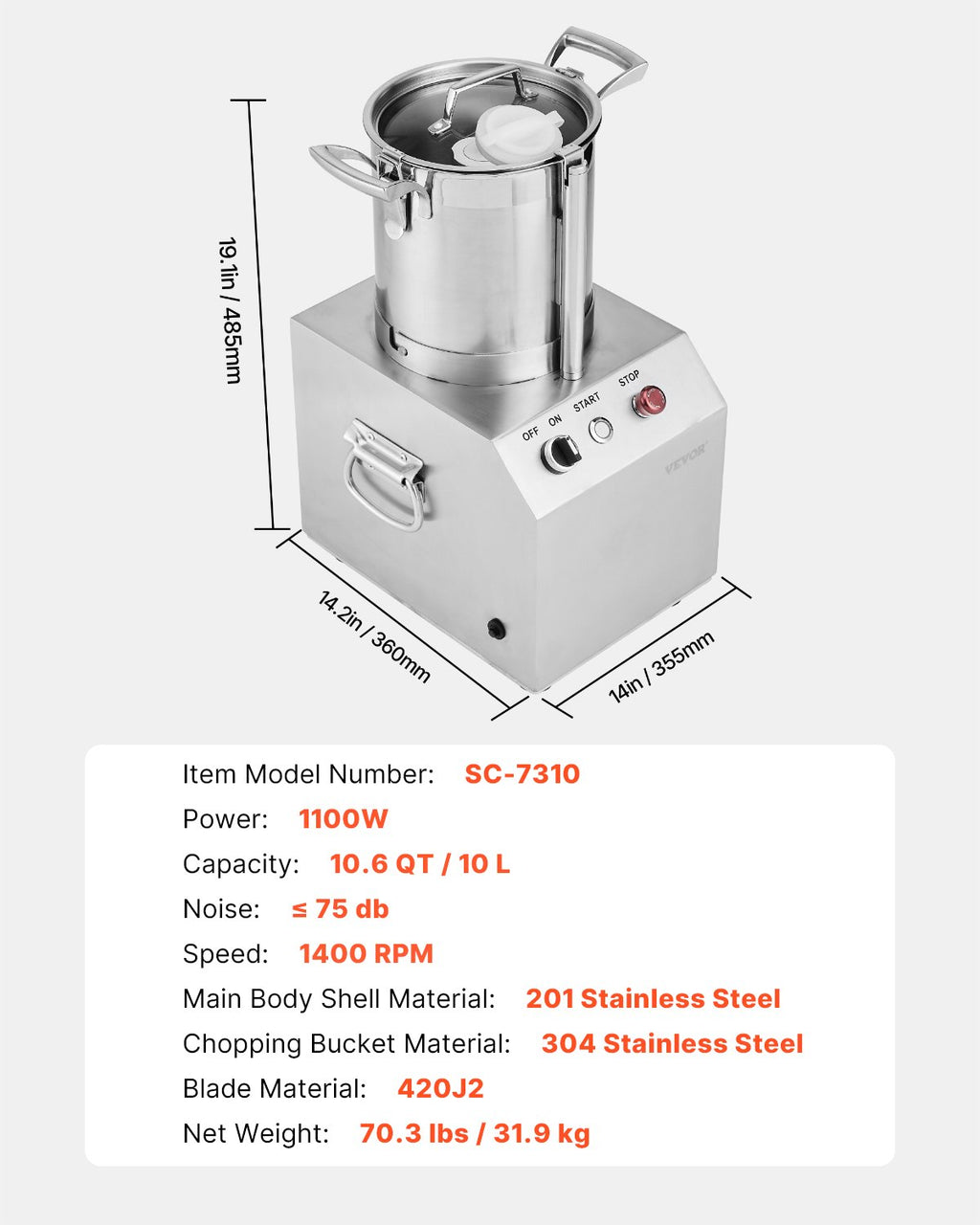 Maisto smulkintuvas VEVOR SC-7310, 10 l talpos