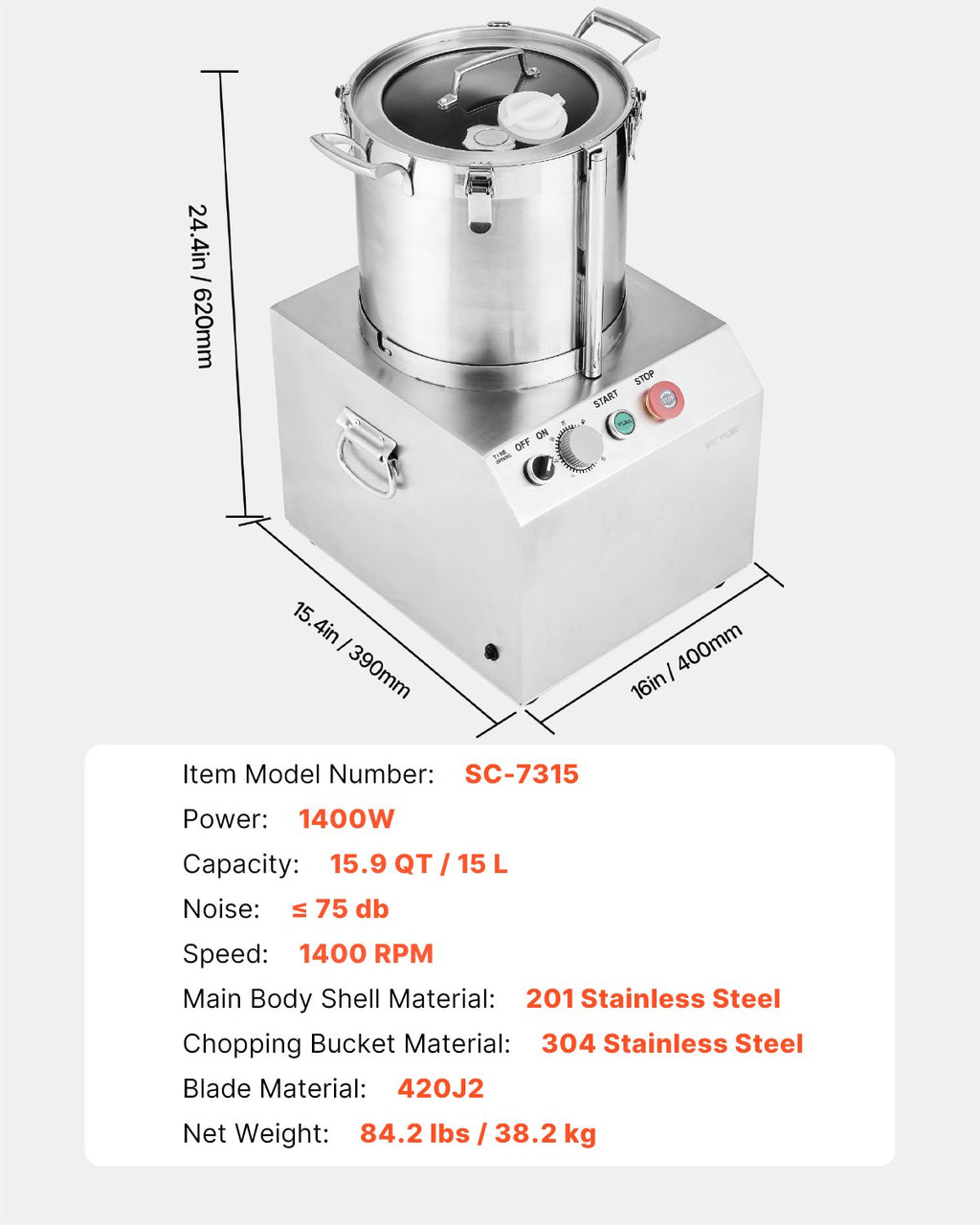 Maisto smulkintuvas VEVOR SC-7315, 15 l talpa
