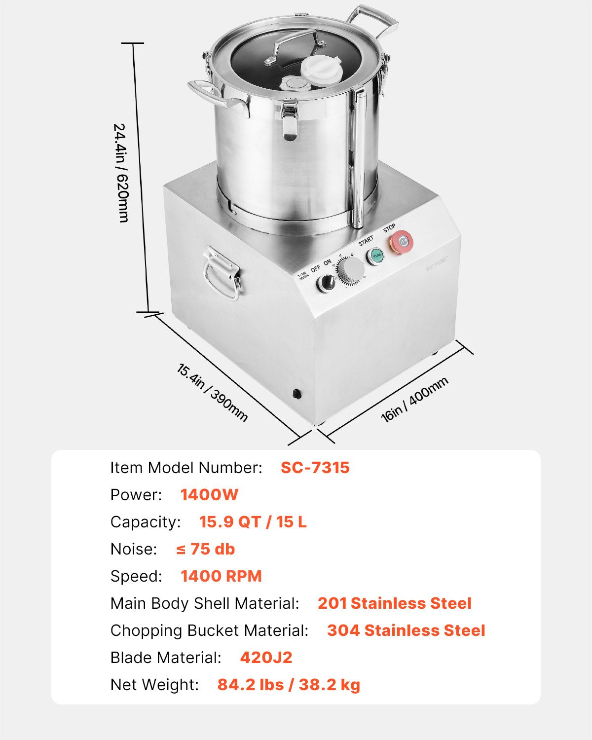 Maisto smulkintuvas VEVOR SC-7315, 15 l talpa