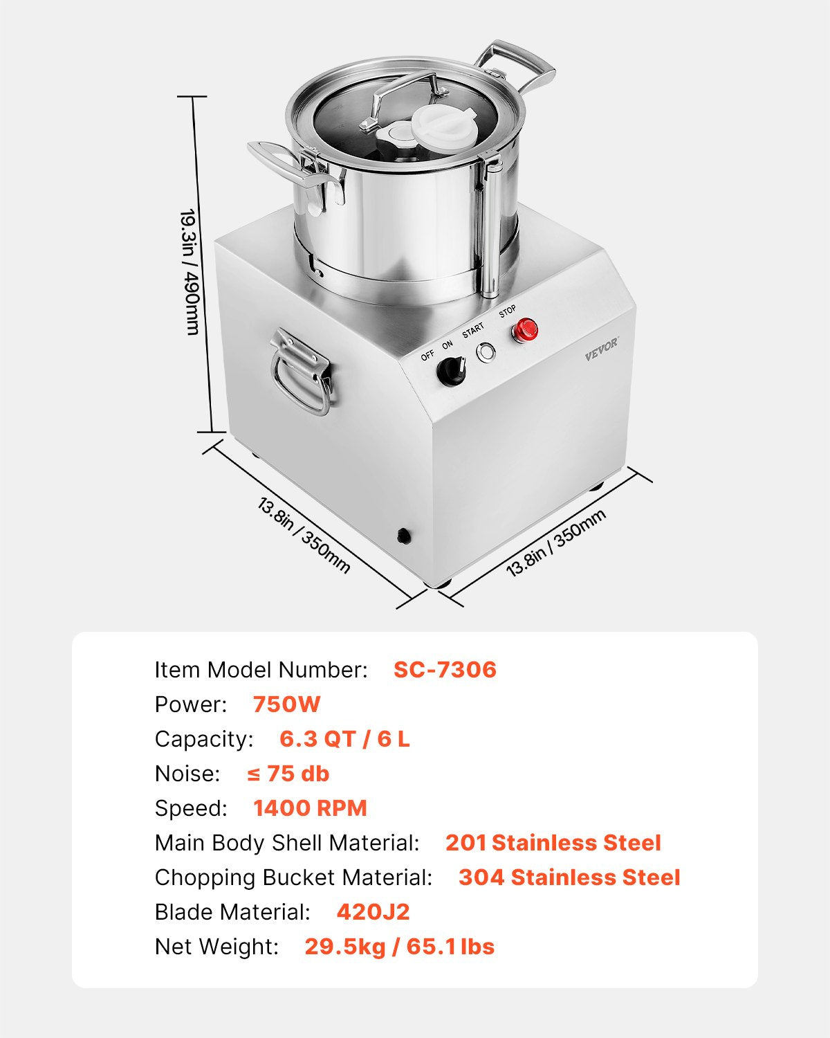 Virtuvinis kombainas ir daržovių smulkintuvas VEVOR SC-7306, 6 l talpos