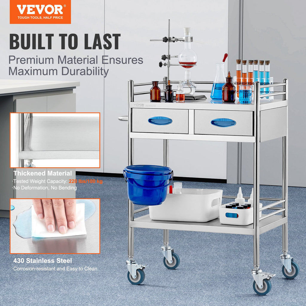 Laboratorinis vežimėlis VEVOR K-ST529, 2 lentynos ir 2 stalčiai