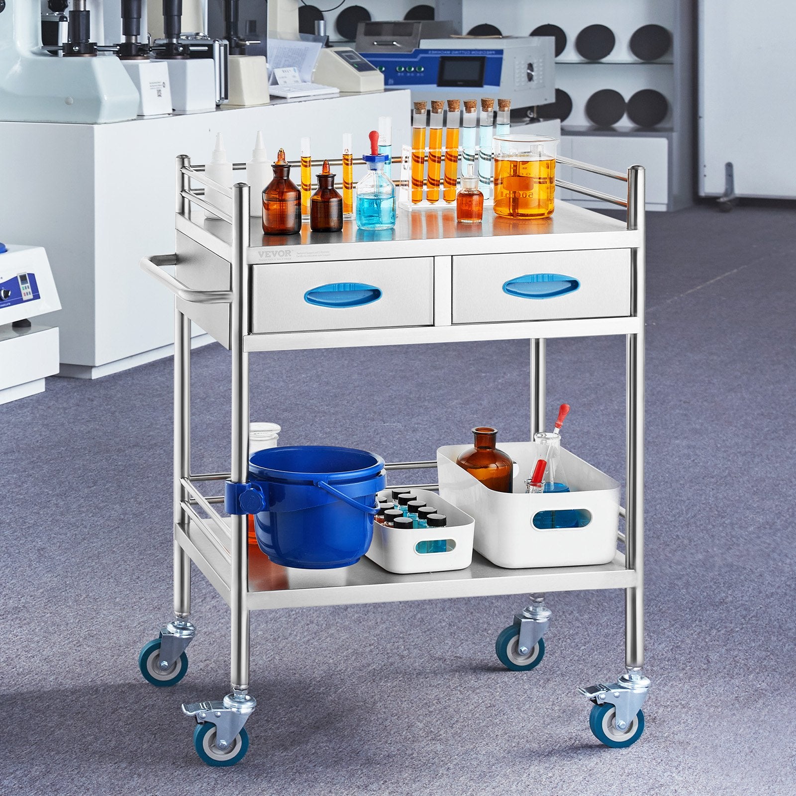 Laboratorinis vežimėlis VEVOR K-ST529, 2 lentynos ir 2 stalčiai