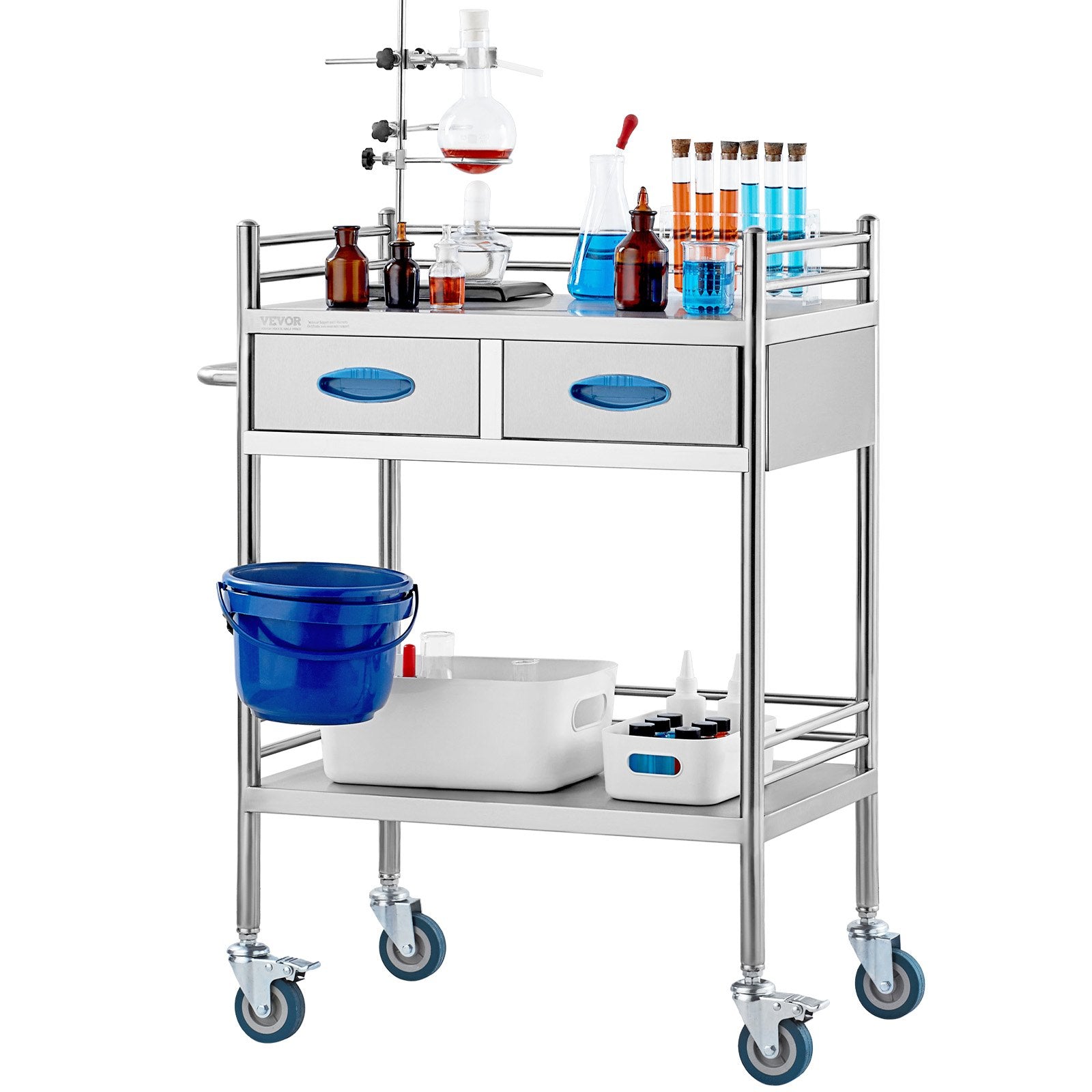 Laboratorinis vežimėlis VEVOR K-ST529, 2 lentynos ir 2 stalčiai