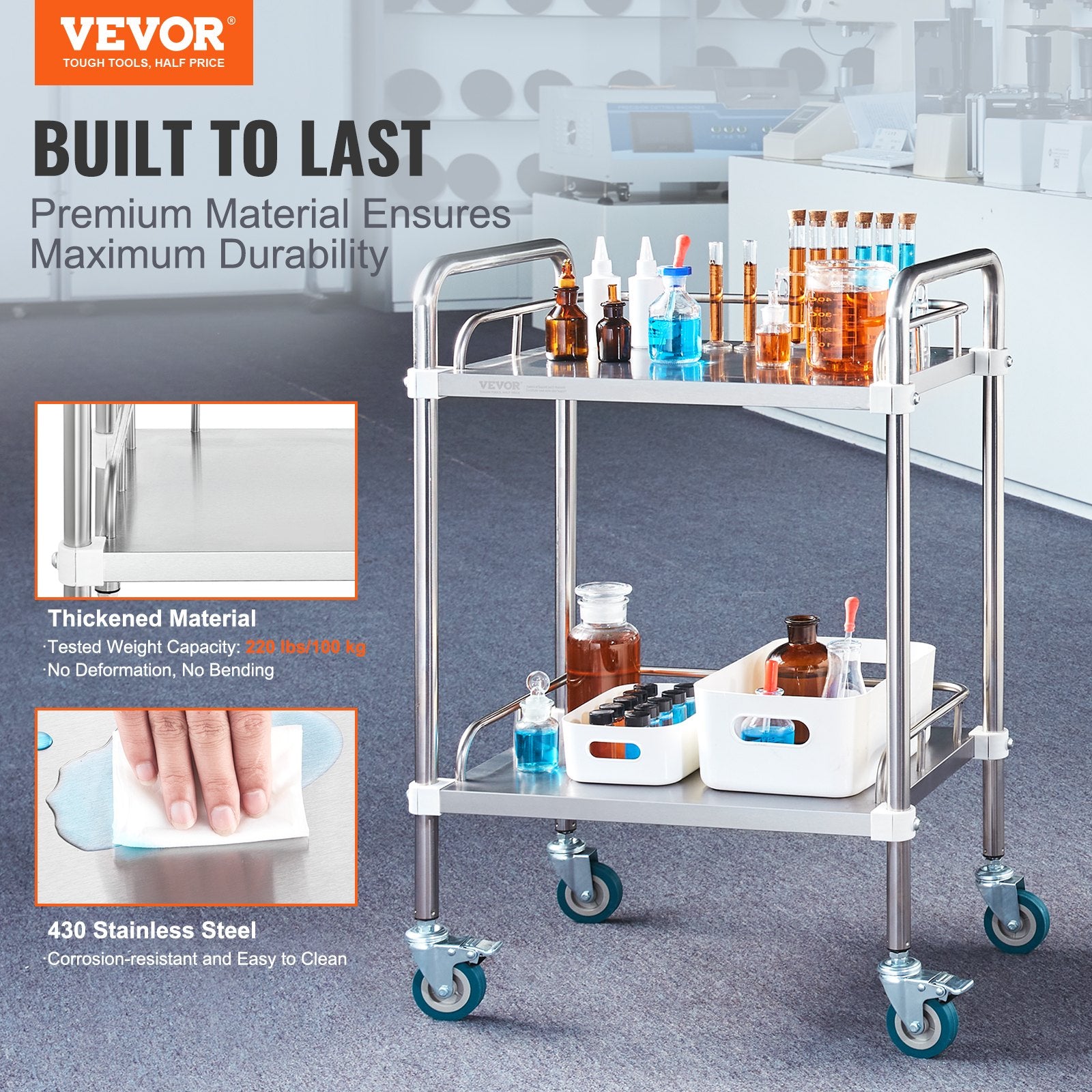 Laboratorinis vežimėlis VEVOR K-ST753, 2 lentynos, 100 kg apkrova