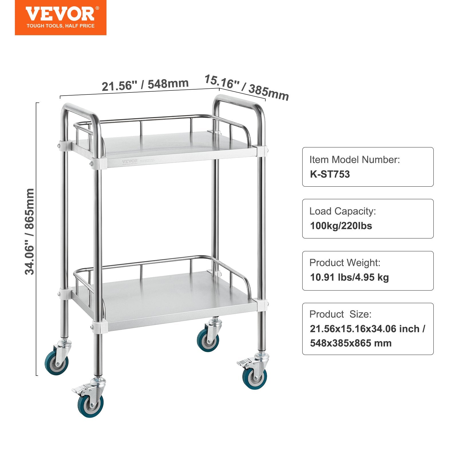 Laboratorinis vežimėlis VEVOR K-ST753, 2 lentynos, 100 kg apkrova