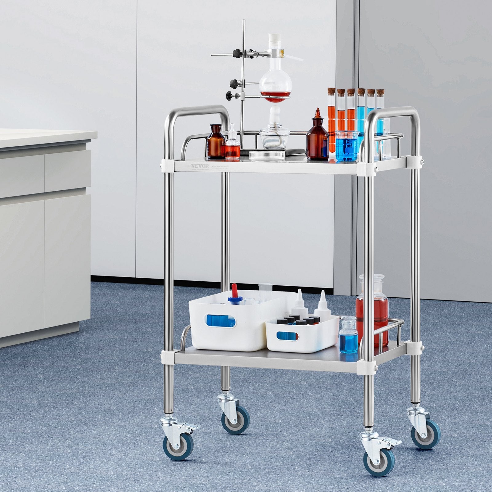 Laboratorinis vežimėlis VEVOR K-ST753, 2 lentynos, 100 kg apkrova