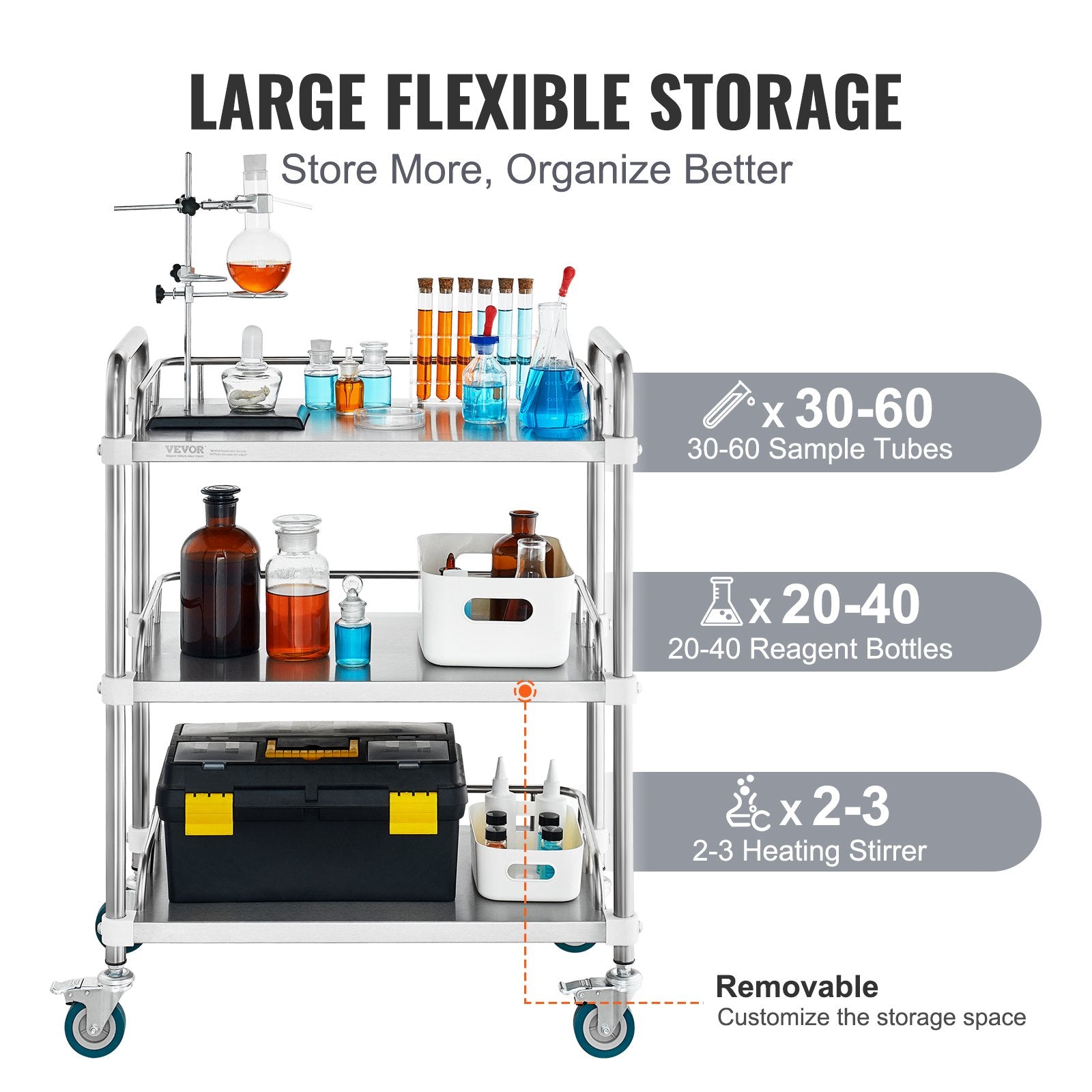 Laboratorinis vežimėlis VEVOR K-ST756, 3 lentynos