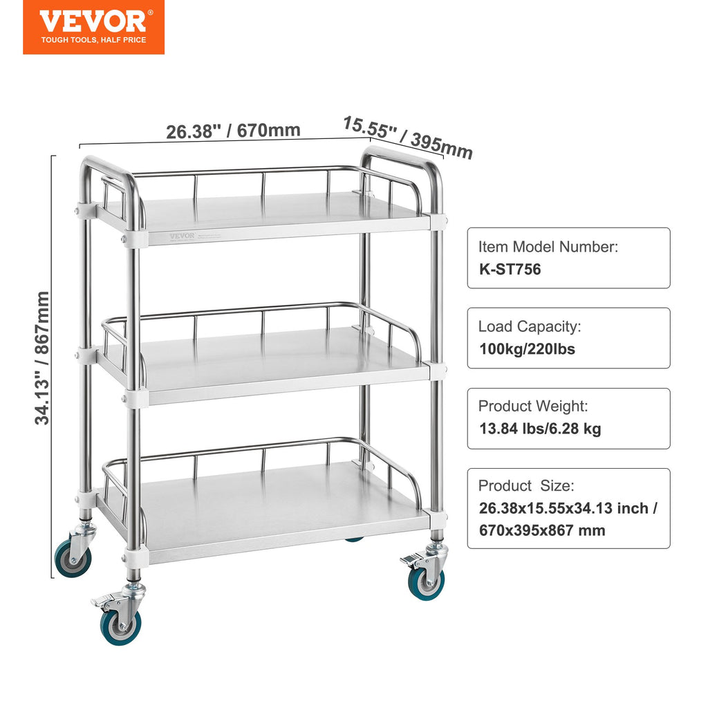 Laboratorinis vežimėlis VEVOR K-ST756, 3 lentynos