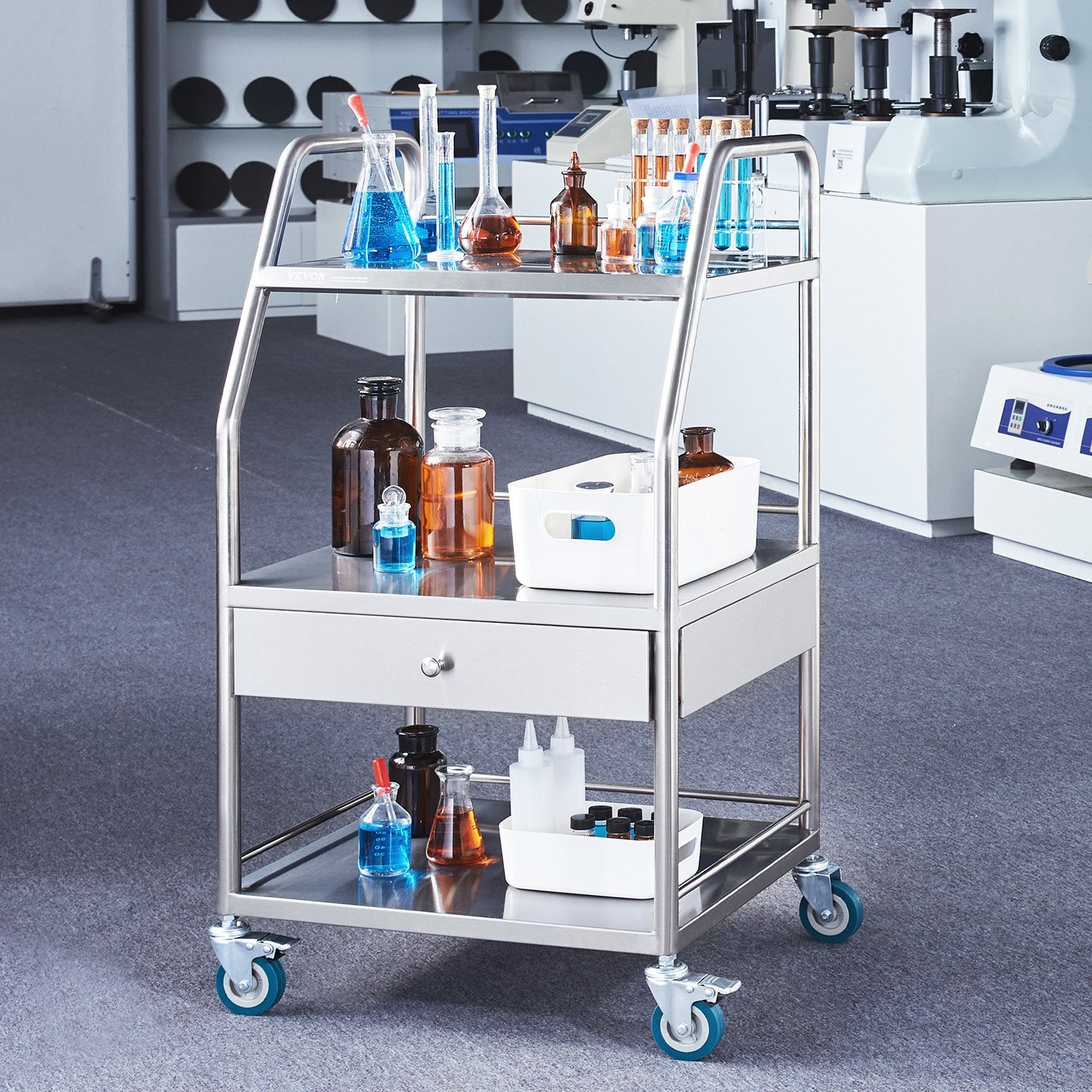 Laboratorinis vežimėlis VEVOR K-SUS1002, 3 lentynos