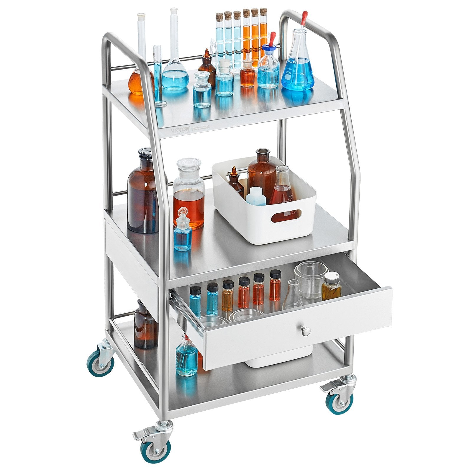 Laboratorinis vežimėlis VEVOR K-SUS1002, 3 lentynos