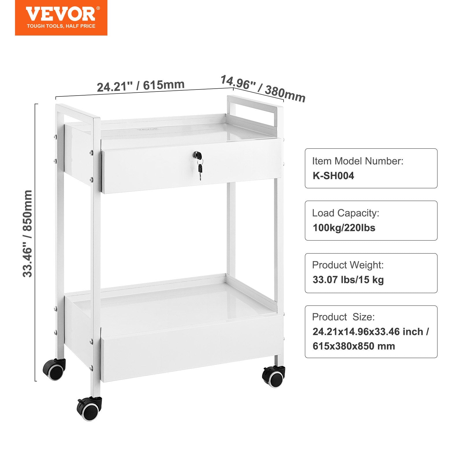 Laboratorinis vežimėlis VEVOR K-SH004, 2 lentynos ir 2 stalčiai