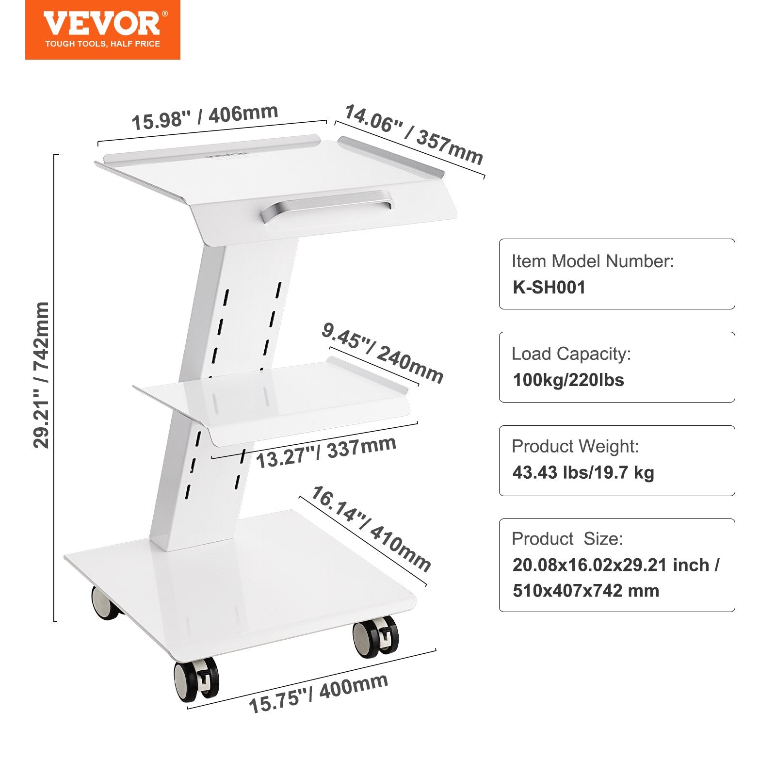 Laboratorinis vežimėlis VEVOR K-SH001, 100 kg apkrova