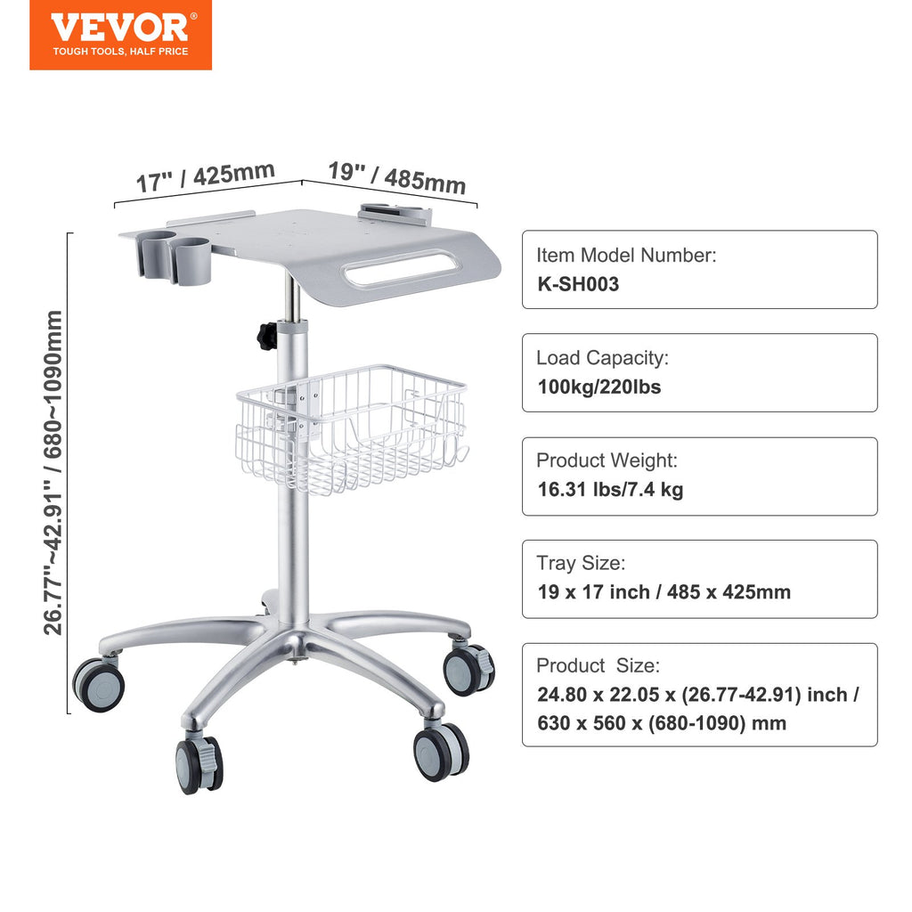 Medicininis ir grožio salonų vežimėlis VEVOR K-SH003, reguliuojamas aukštis 680–1090 mm