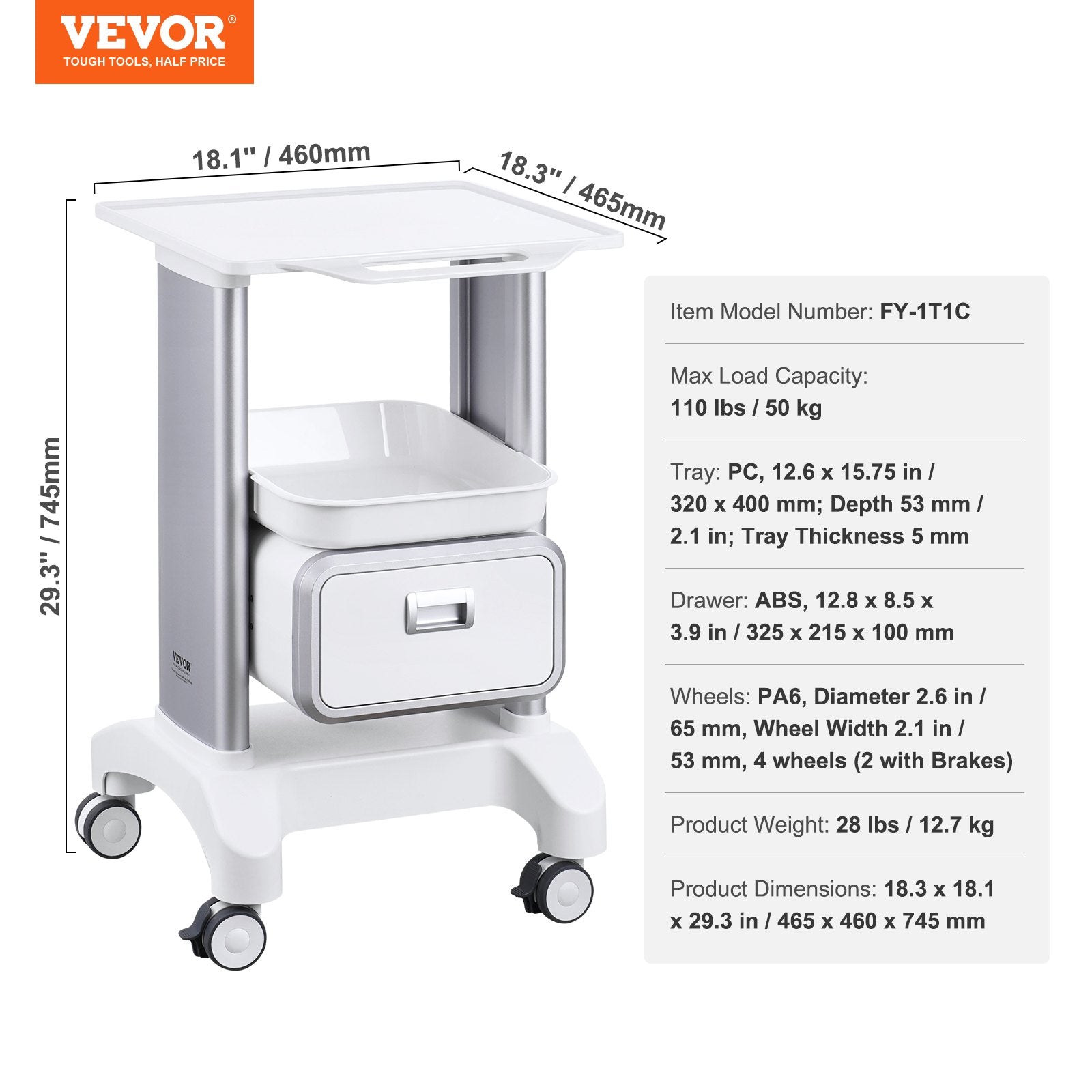 Laboratorinis vežimėlis VEVOR Y-1T1C, 50 kg apkrova