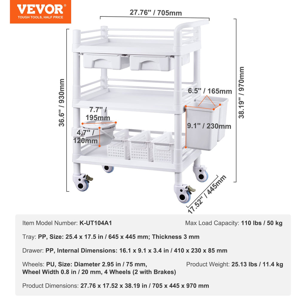Laboratorinis vežimėlis VEVOR K-UT104A1, 3 lentynų