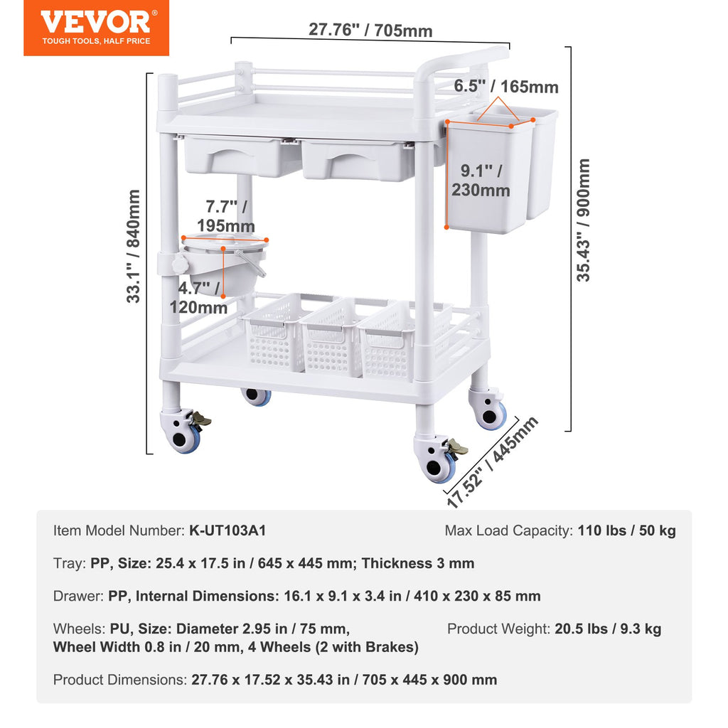Laboratorinis vežimėlis VEVOR K-UT103A1, 2 lentynos ir 2 stalčiai