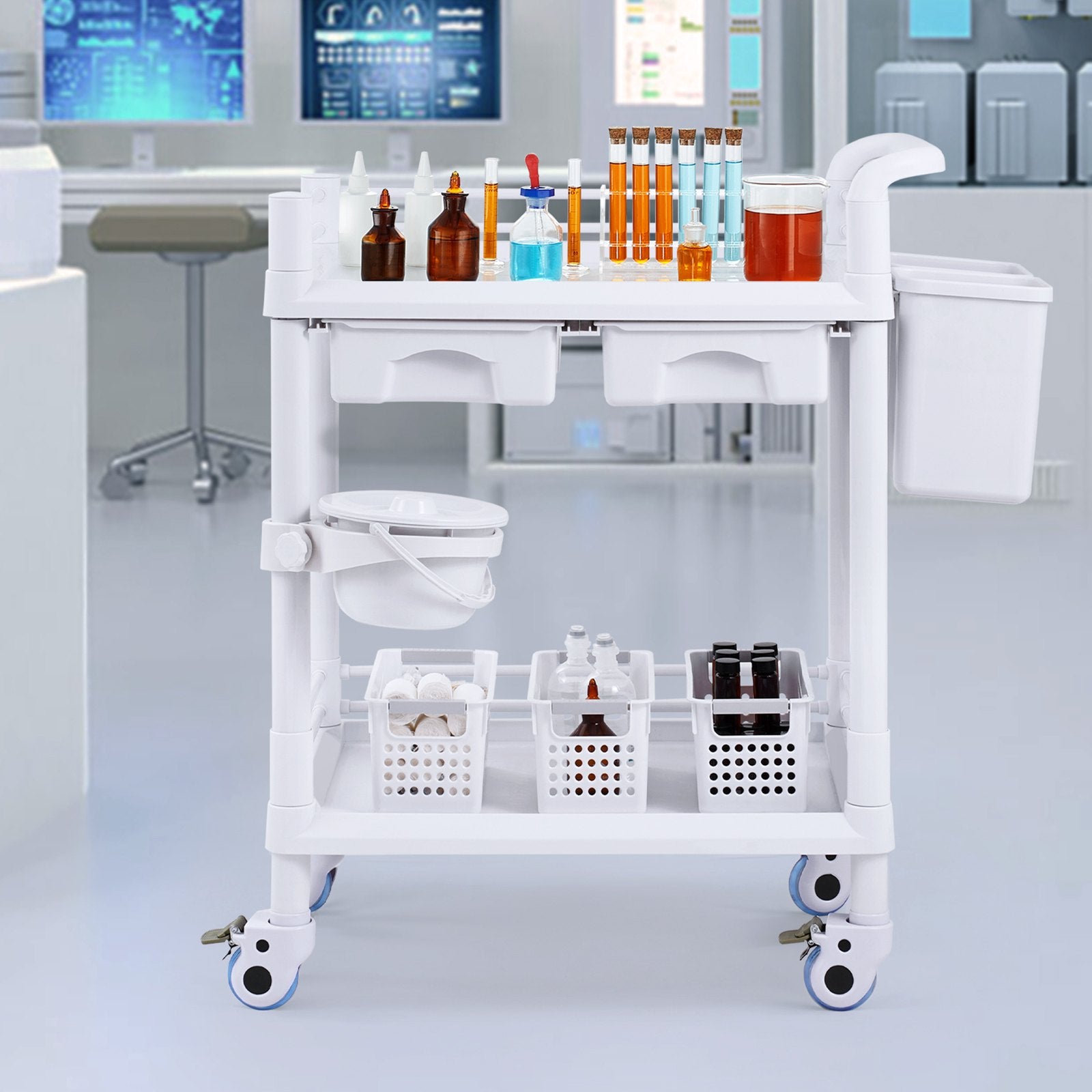Laboratorinis vežimėlis VEVOR K-UT103A1, 2 lentynos ir 2 stalčiai