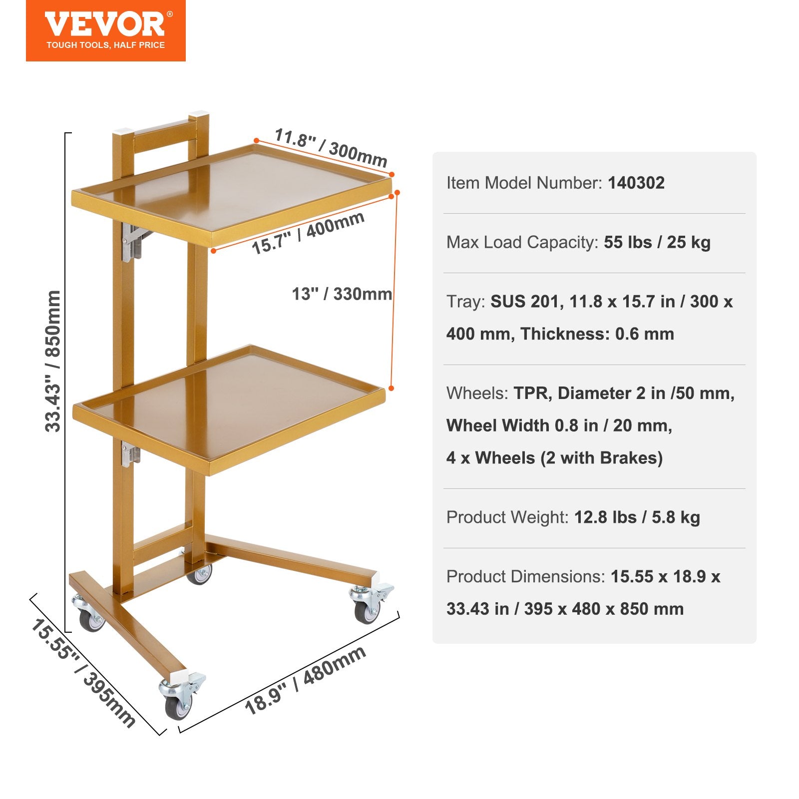 Laboratorinis vežimėlis VEVOR 140302, 2 lentynos, auksinis