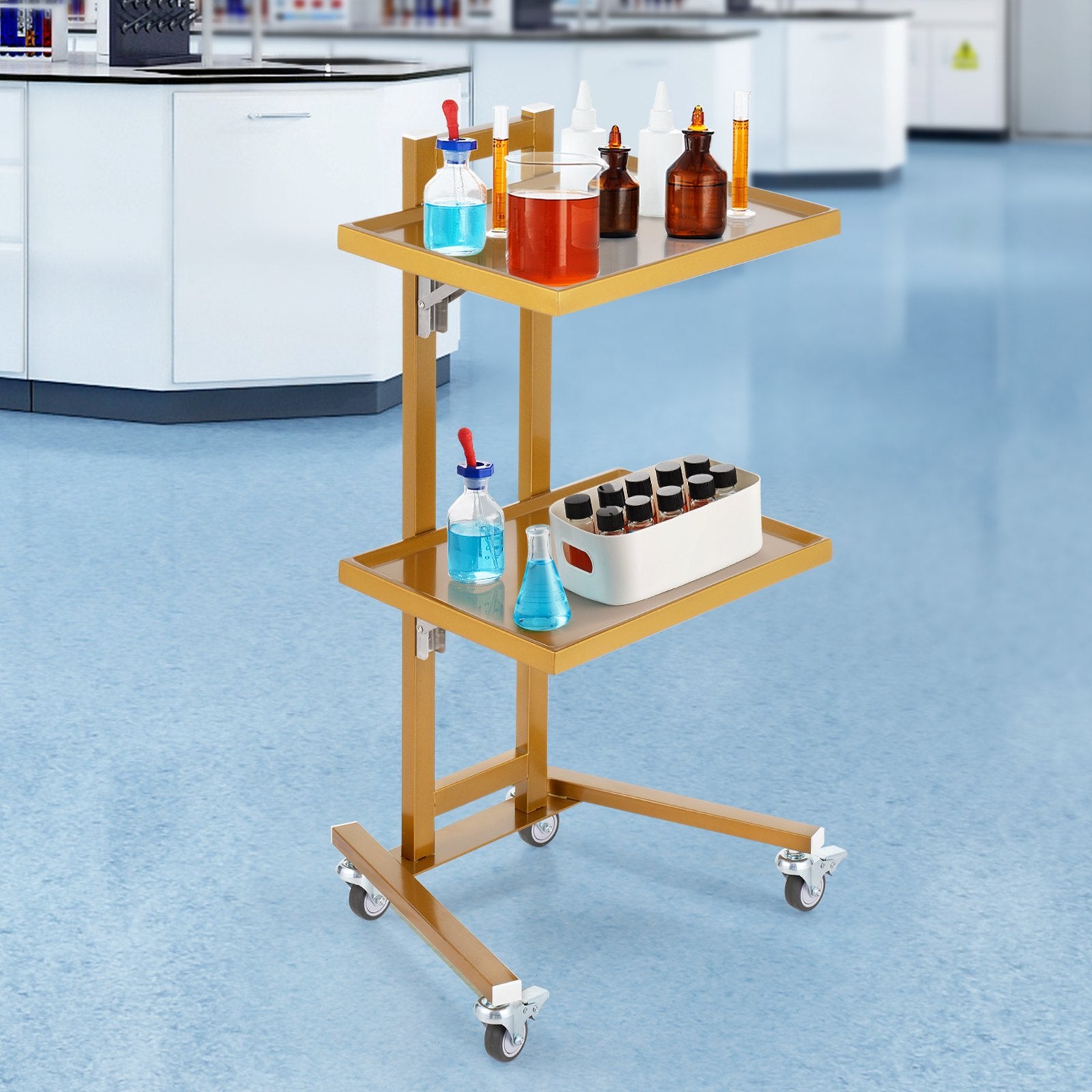 Laboratorinis vežimėlis VEVOR 140302, 2 lentynos, auksinis