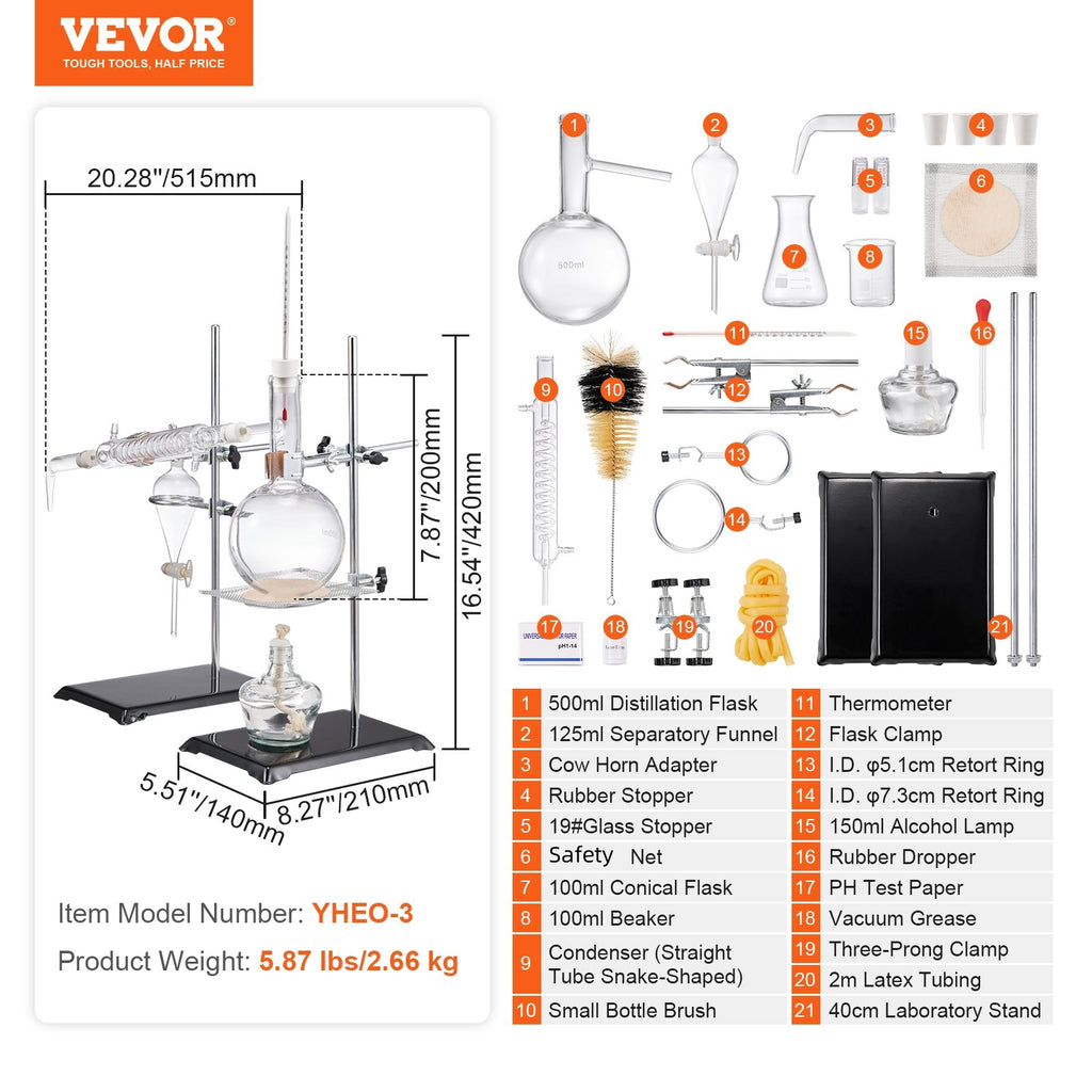 Eterinių aliejų distiliavimo rinkinys VEVOR YHEO-3, 500 ml