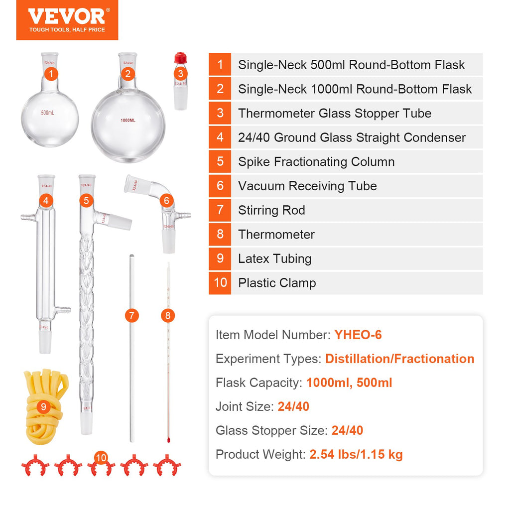 Laboratorinis distiliavimo rinkinys VEVOR YHEO-6, 1000 ml