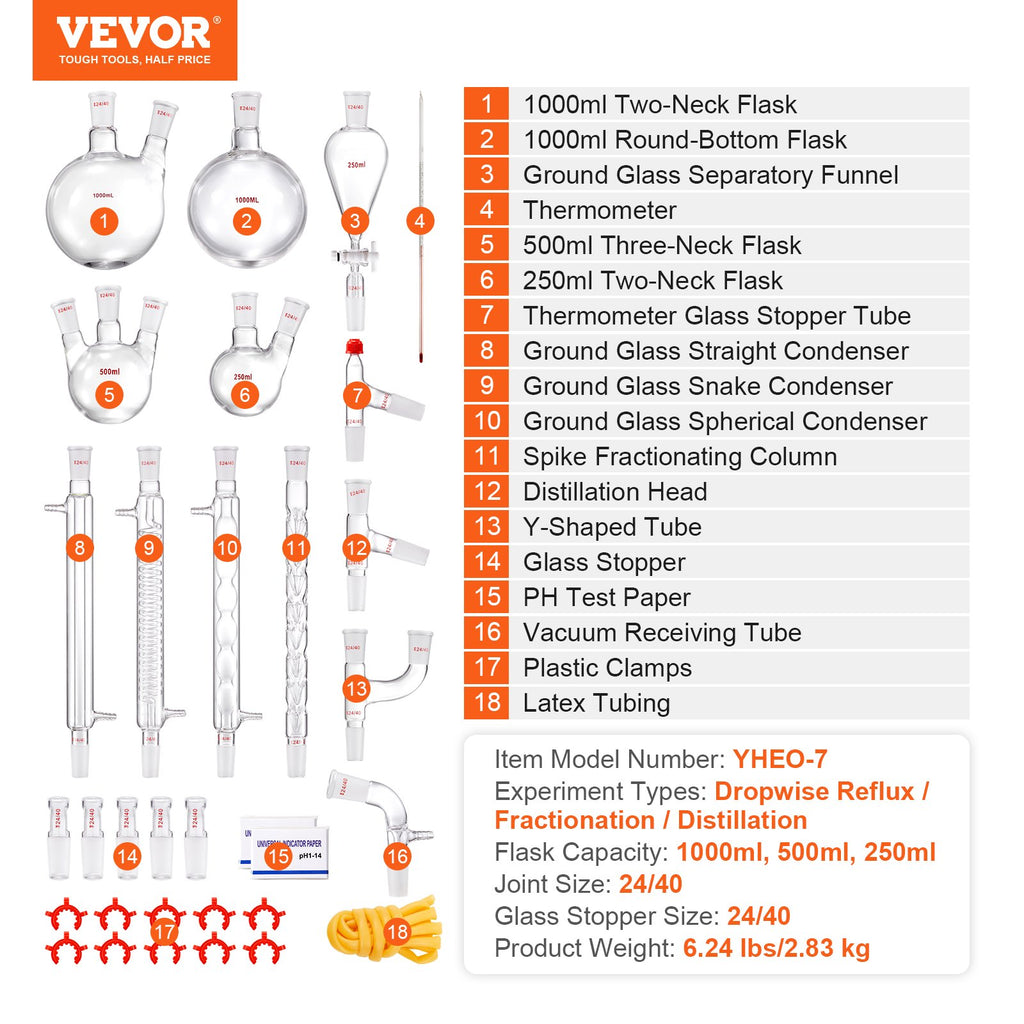 Laboratorinis distiliavimo rinkinys VEVOR YHEO-7, 1000 ml
