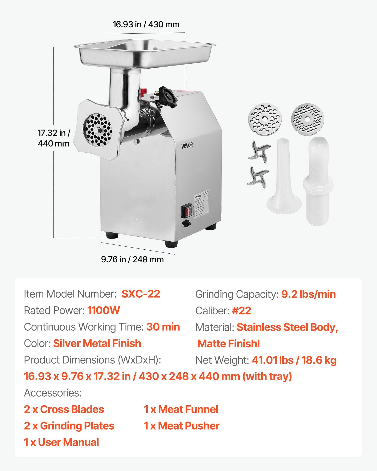 Elektrinė mėsmalė VEVOR SXC-22, 1100 W