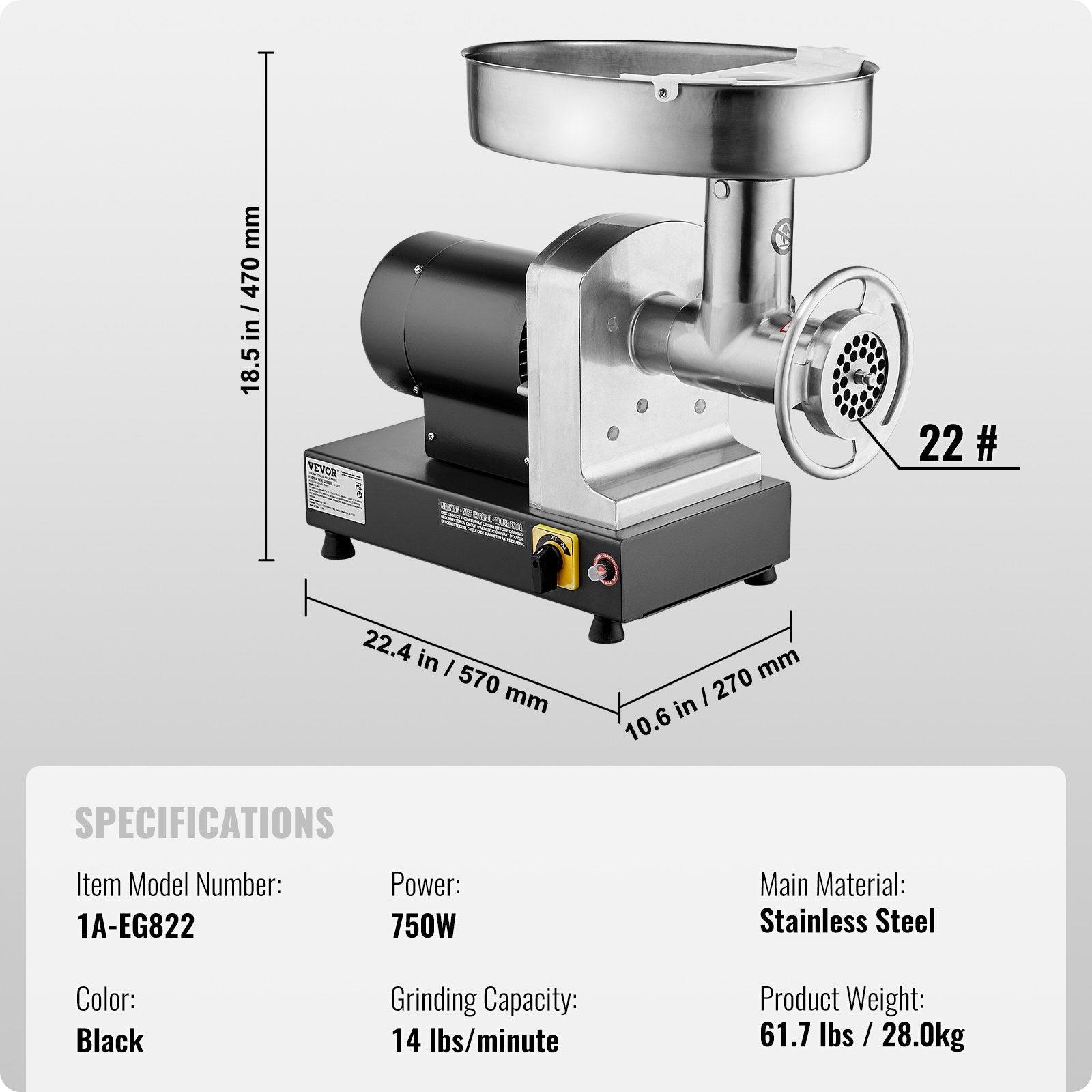 Elektrinė mėsos malimo mašina VEVOR 1A-EG822, 6,35 kg/min