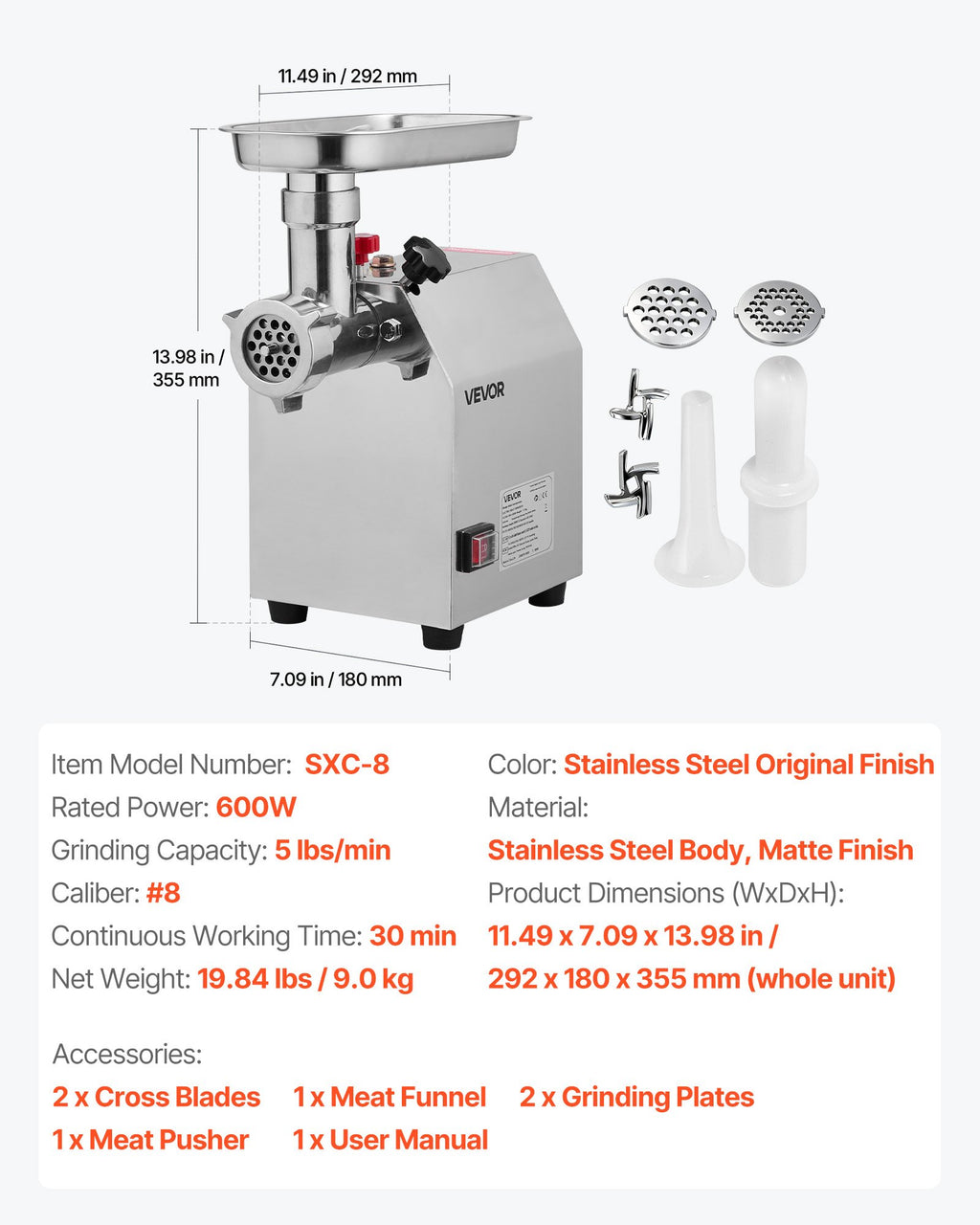 Elektrinė mėsos malimo mašina VEVOR SXC-8, 600 W