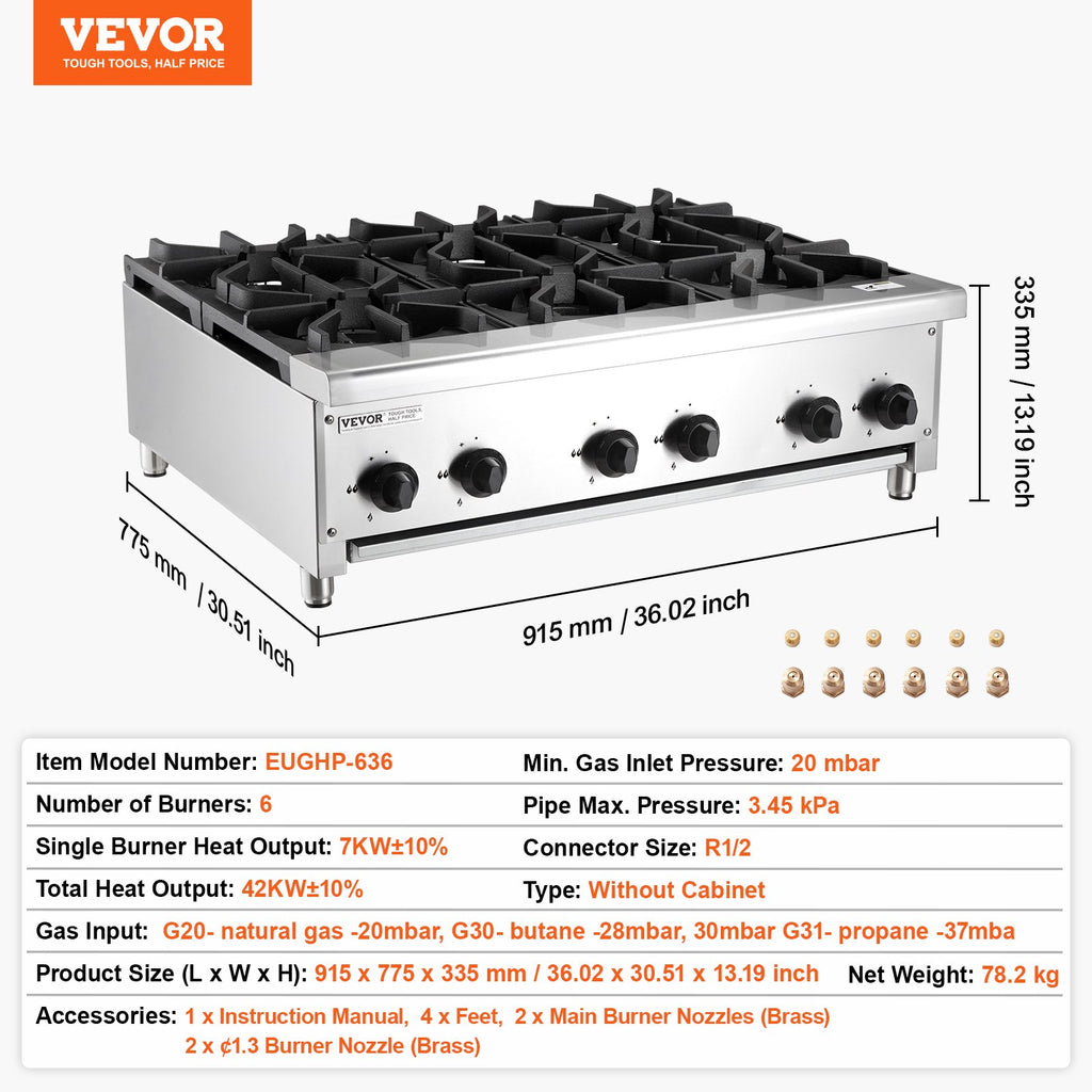 Pramoninė dujinė viryklė VEVOR EUGHP-636, 42 kW