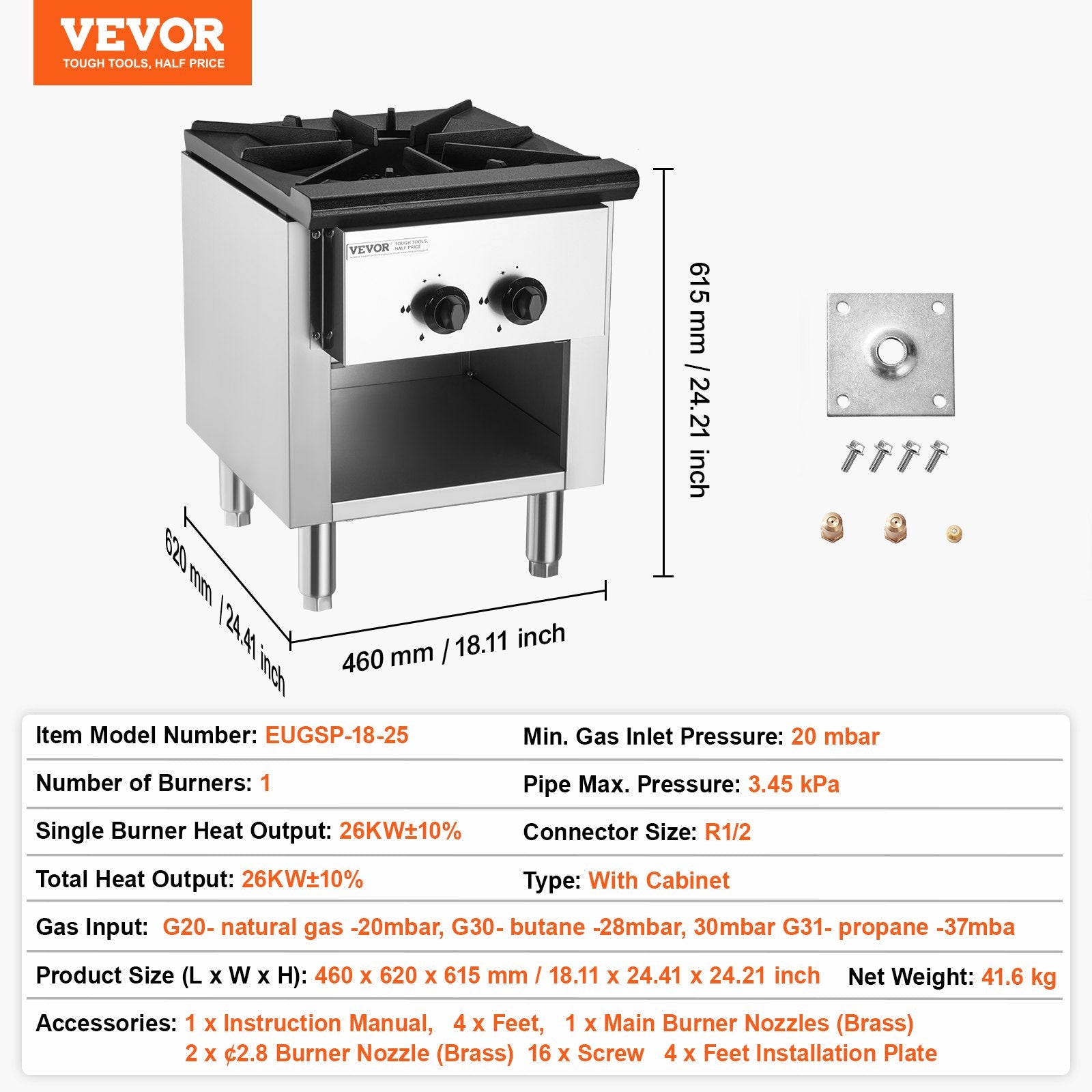Pramoninė dujinė viryklė su spintele VEVOR EUGSP-18-25, 26 kW