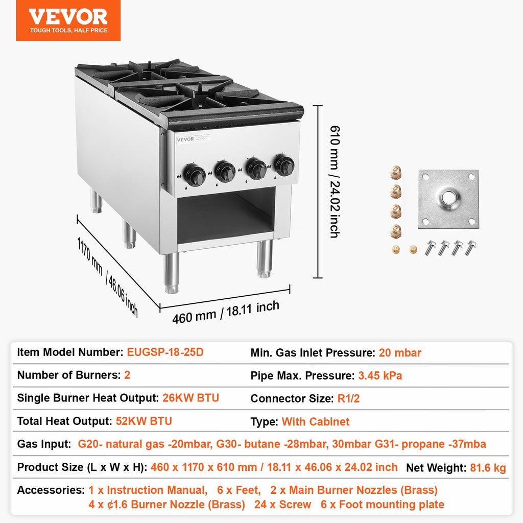 Pramoninė dujinė viryklė VEVOR EUGSP-18-25D, 52 kW
