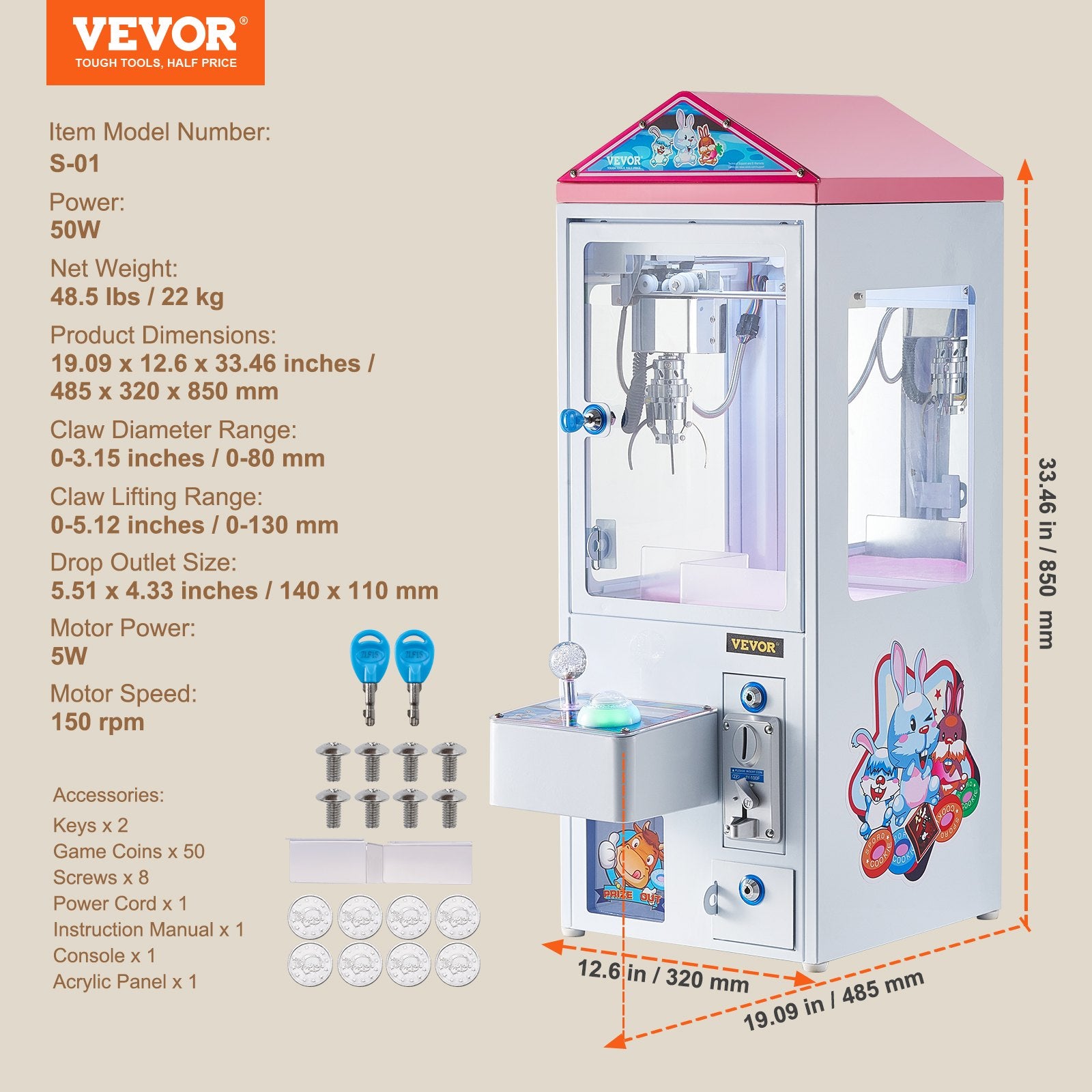 Žaislų griebimo automatas VEVOR S-01, 50W