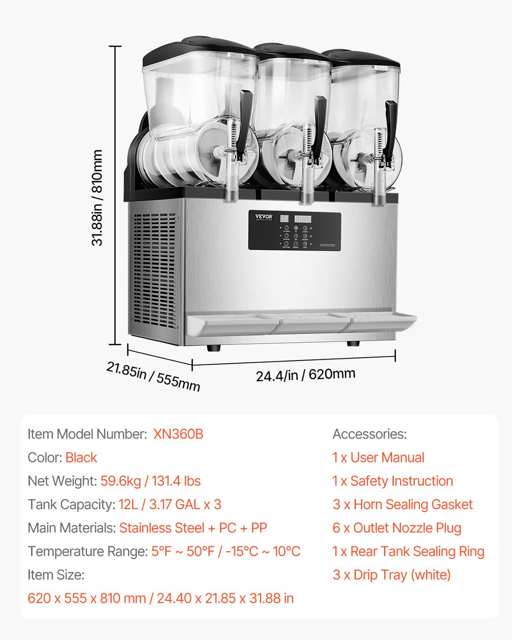 Šaldytų gėrimų aparatas VEVOR XN360B, 3 x 12 l talpa