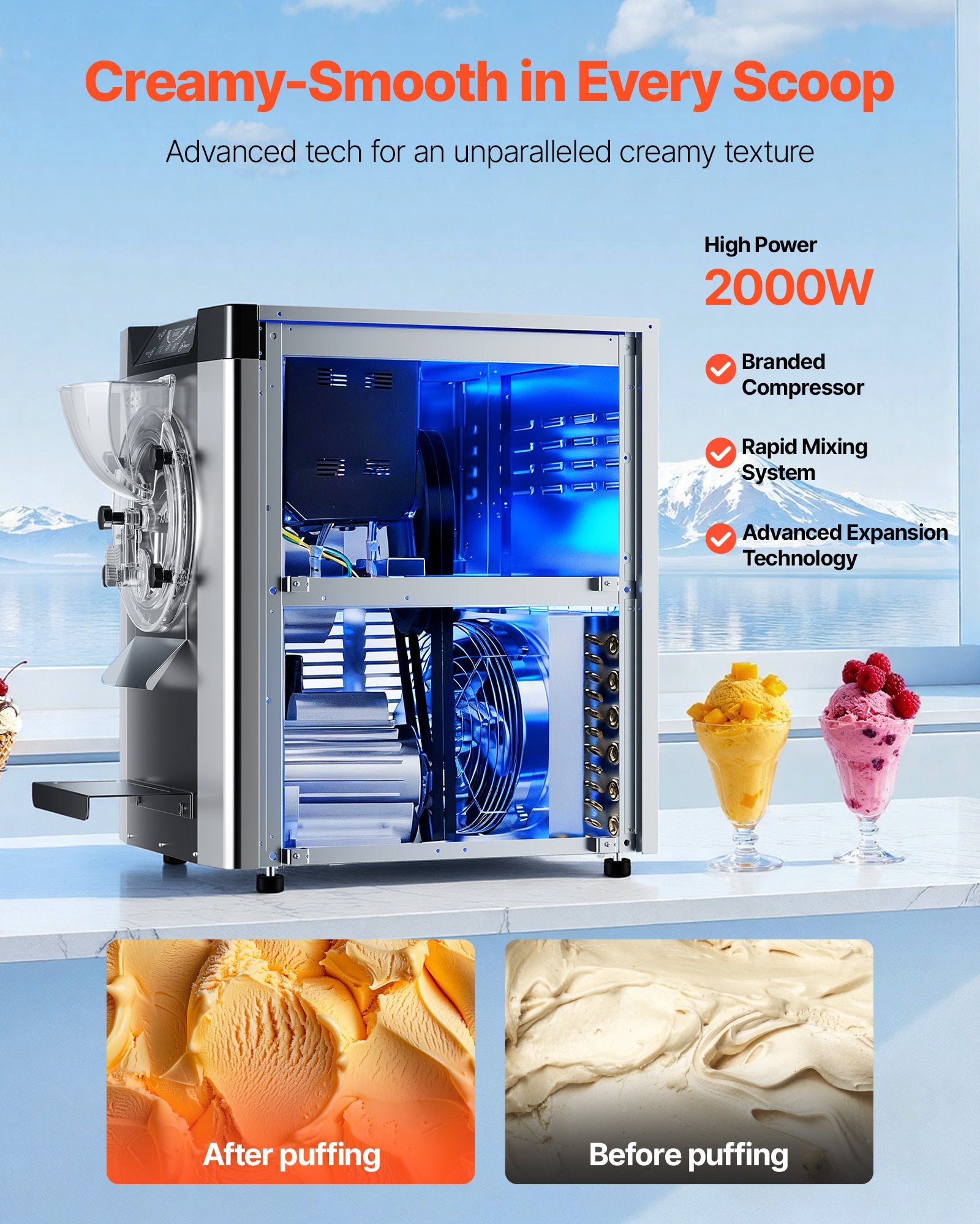 Pramoninis kietųjų ledų aparatas VEVOR YKF-7218, 2000W