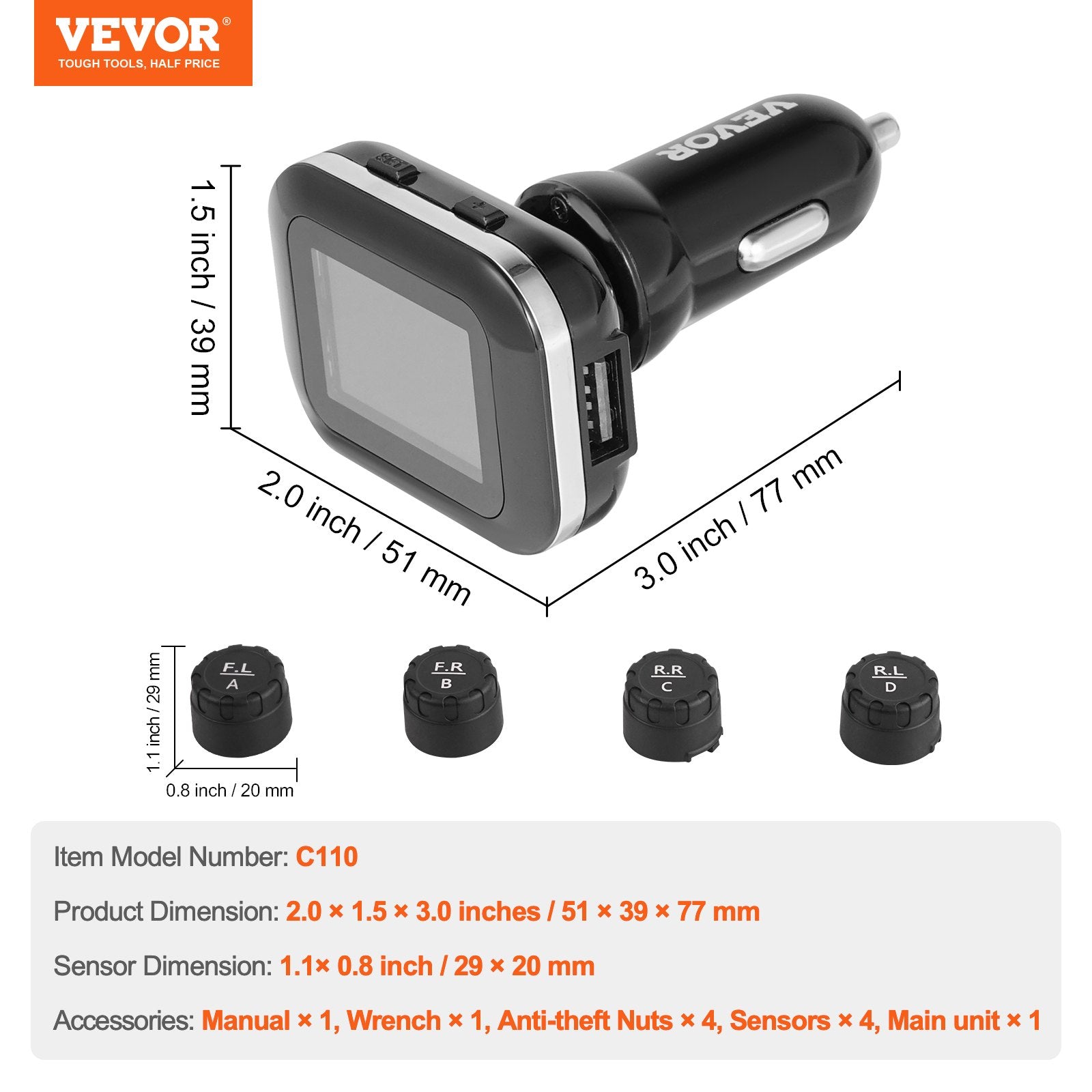 Padangų slėgio kontrolės sistema VEVOR C110, 7.3-87 PSI