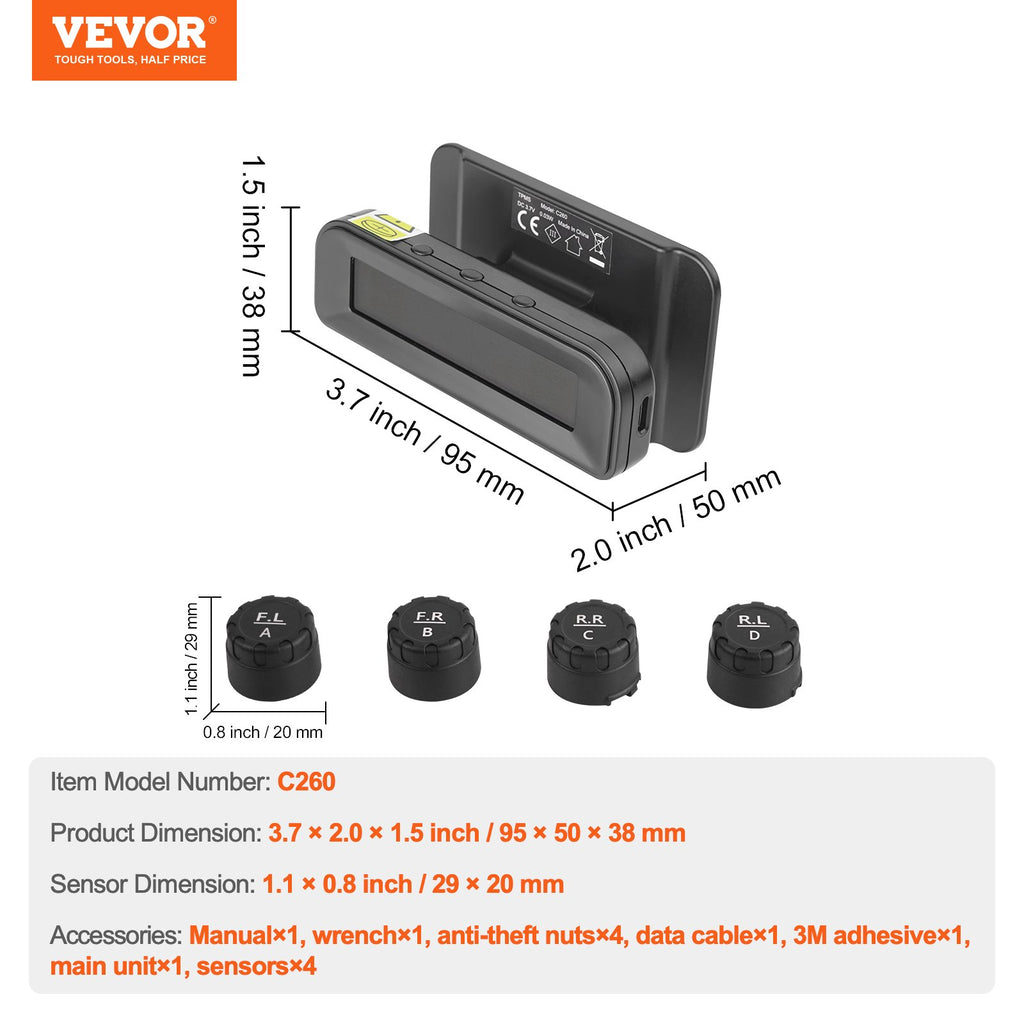 Padangų slėgio kontrolės sistema VEVOR C260, 7,3–87 PSI