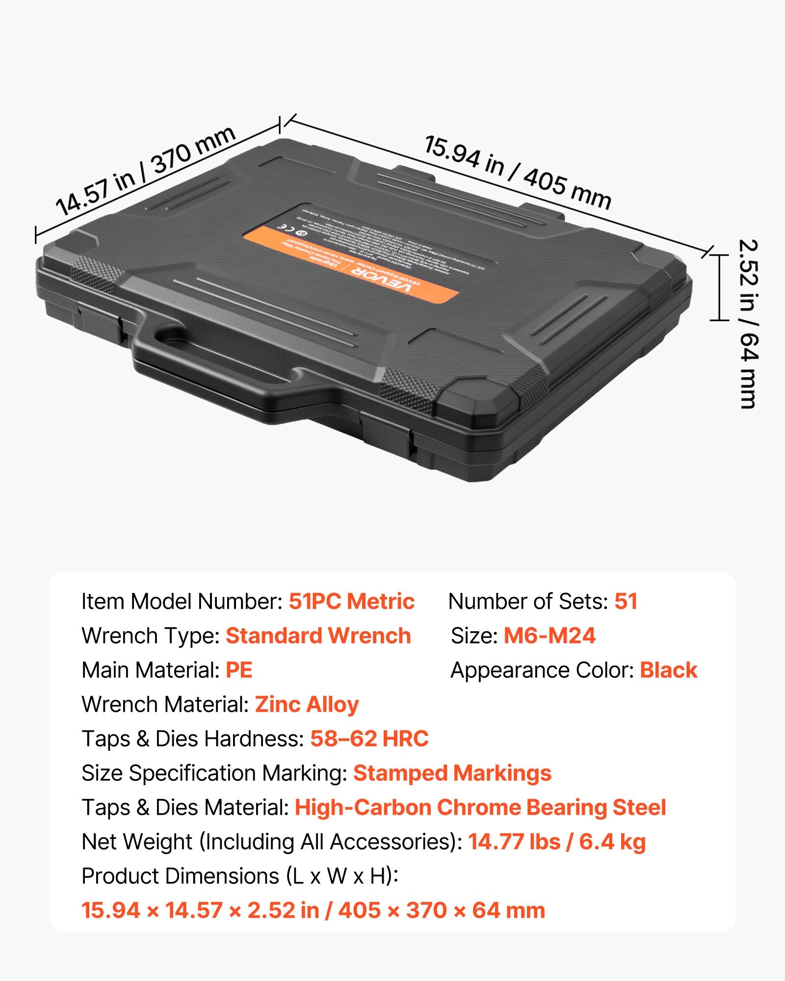 Sriegiklių ir sriegpjovių rinkinys VEVOR 51PC metric, M6–M24