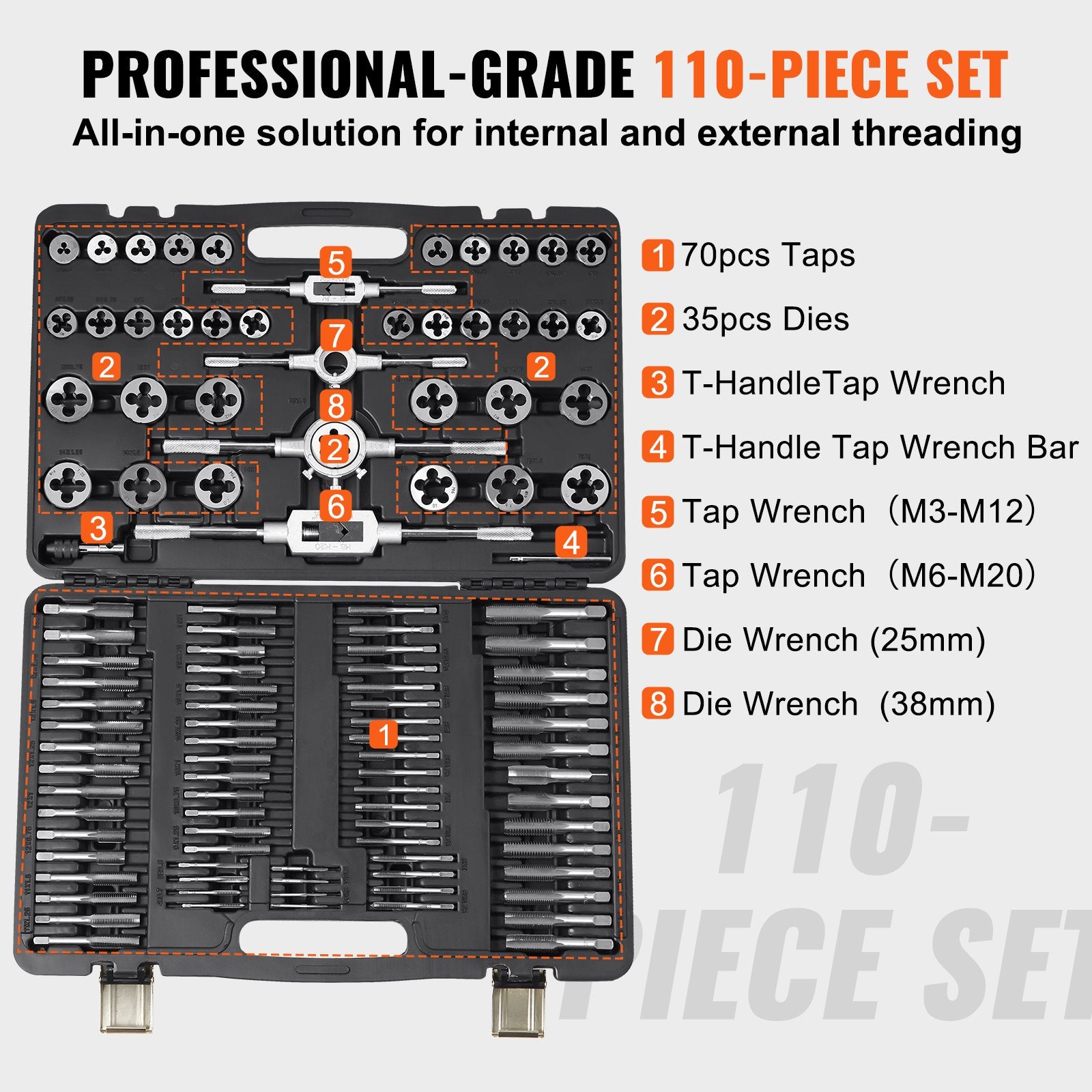 Sriegiklių ir sriegpjovių rinkinys VEVOR 110PC, M2-M18