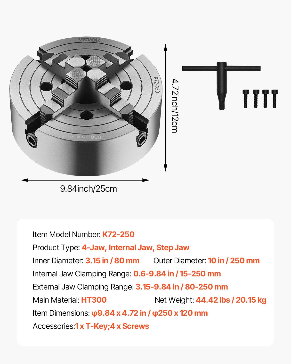 Keturių kumštelių tekinimo griebtuvas VEVOR K72 250, 250 mm.