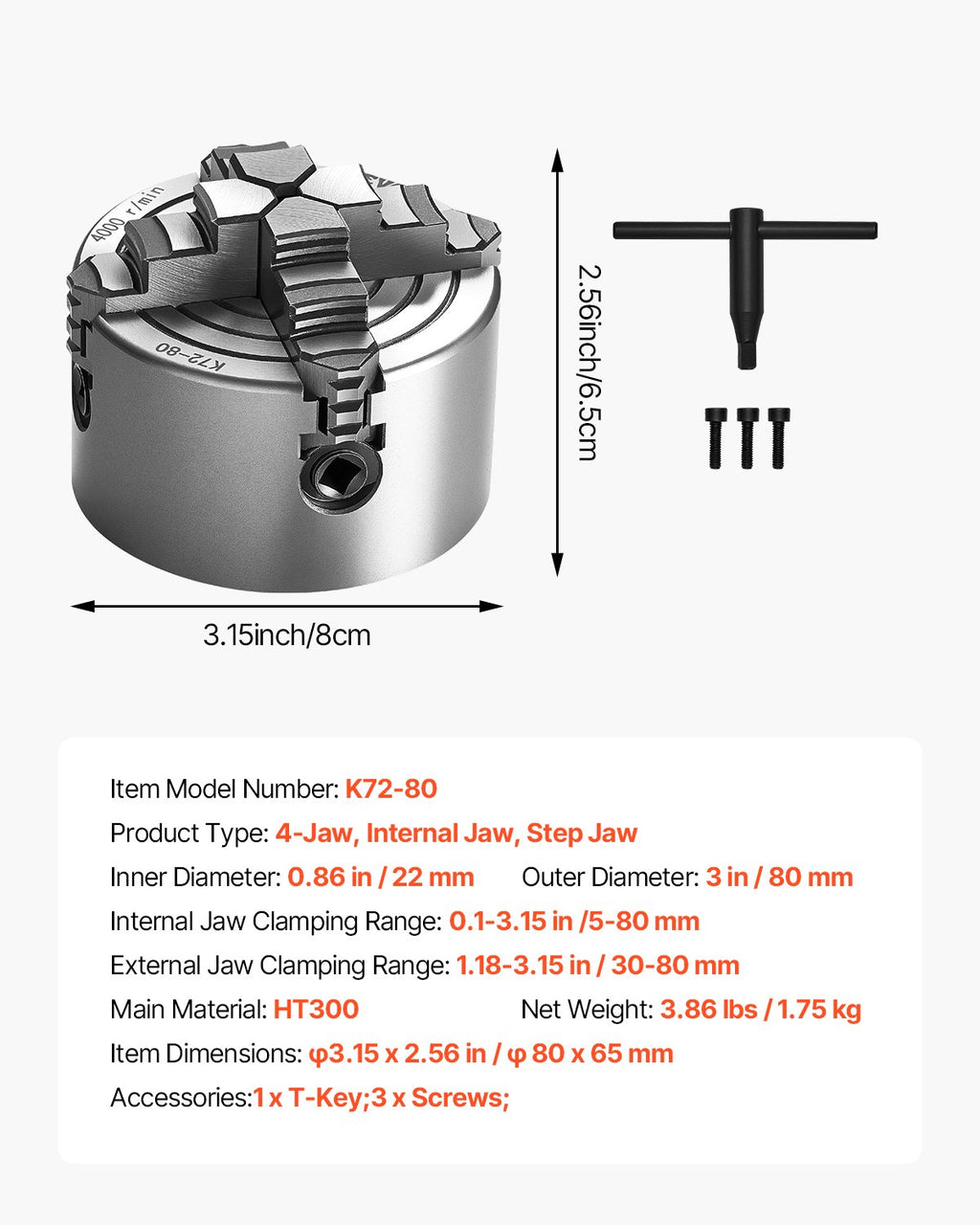 Keturių kumštelių tekinimo griebtuvas VEVOR K72 80, 80 mm