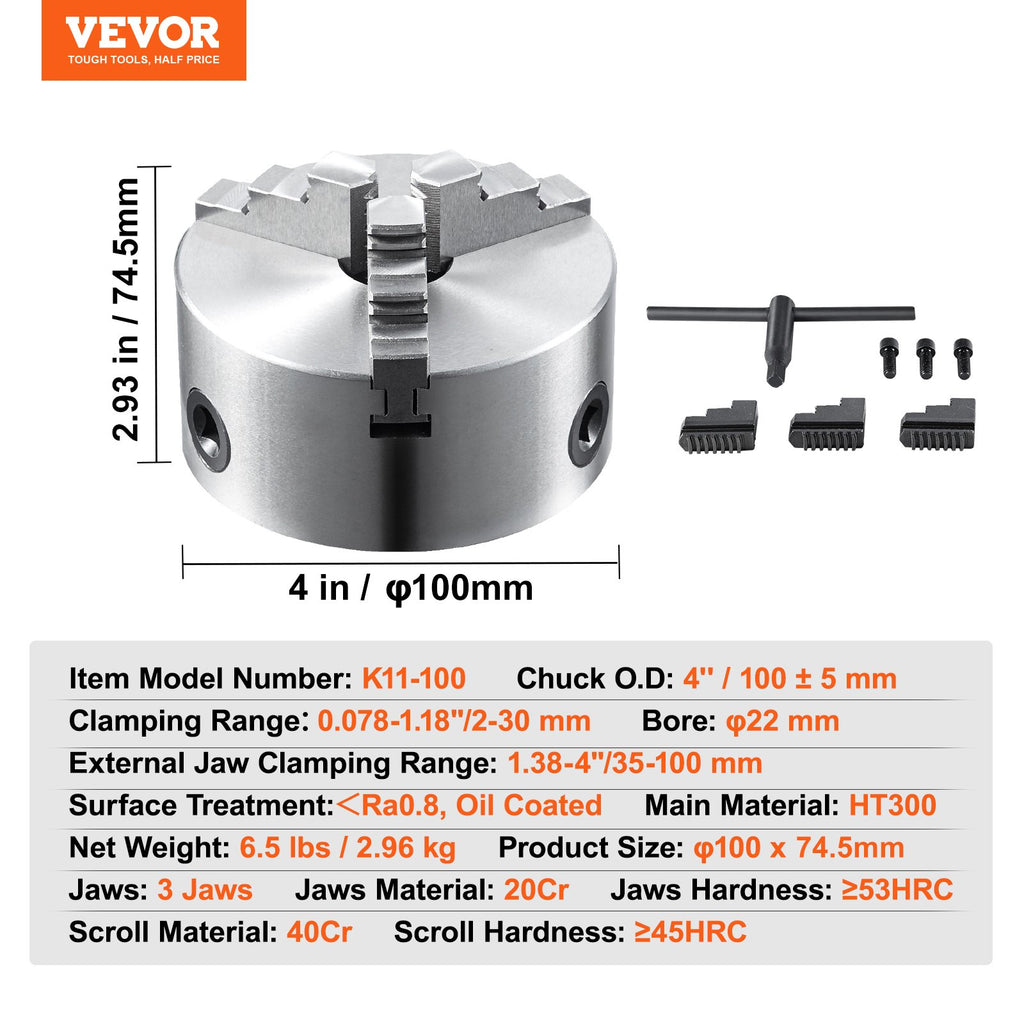 Trijų kumštelių tekinimo griebtuvas VEVOR K11-100, 100 mm