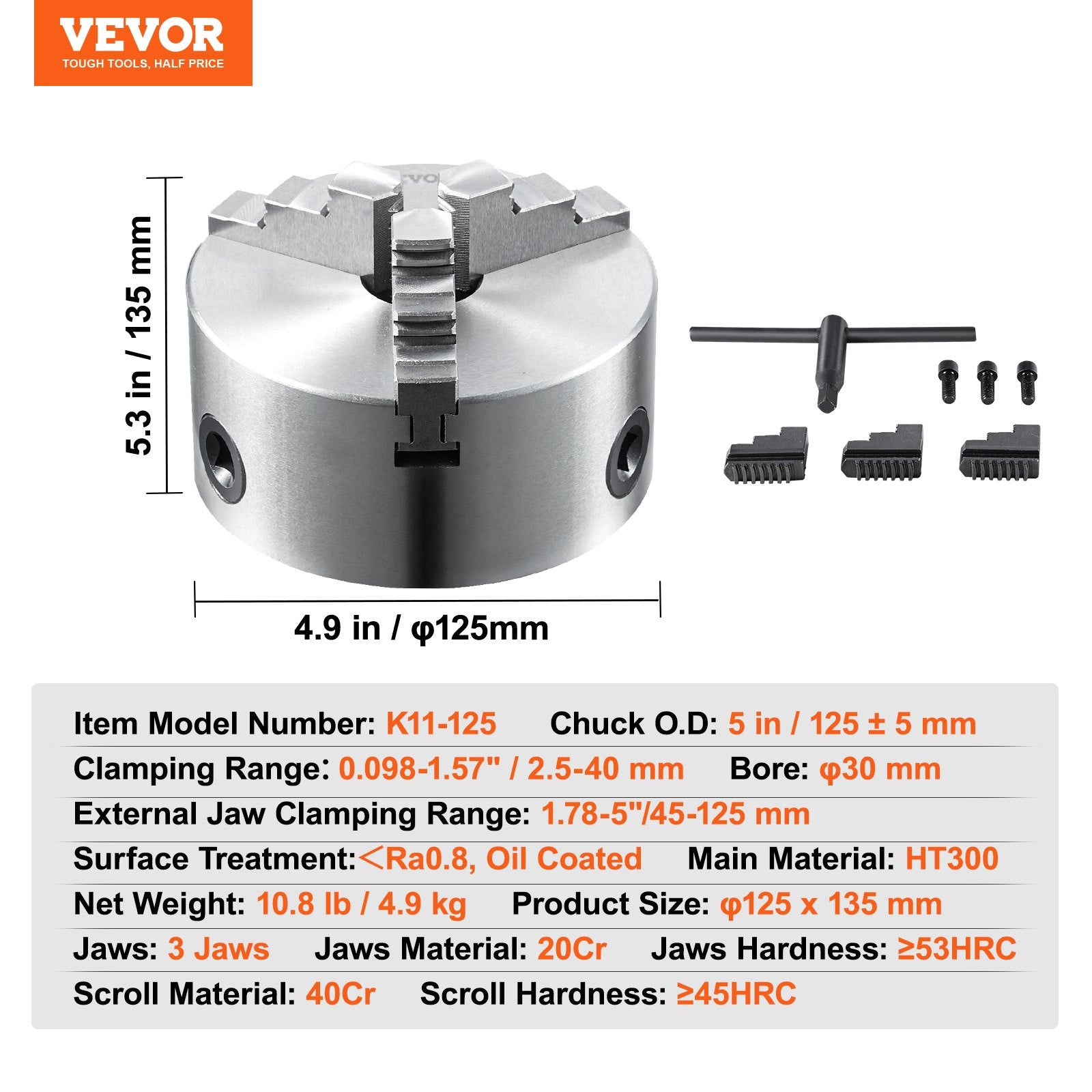 Trijų kumštelių tekinimo griebtuvas VEVOR K11-125, 125 mm
