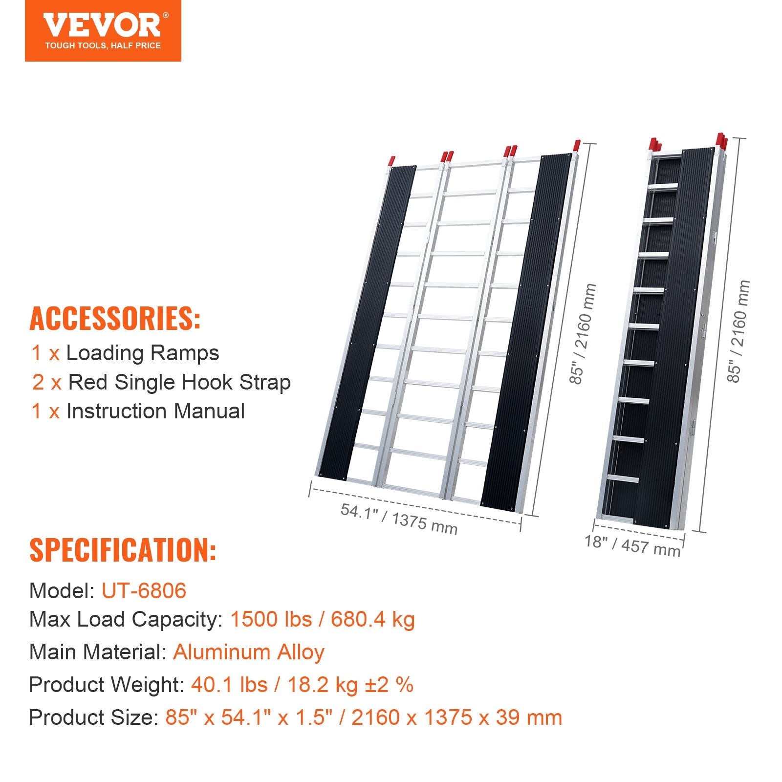 Sulankstoma užvažiavimo rampa VEVOR UT-6806, 680,4 kg keliamoji galia
