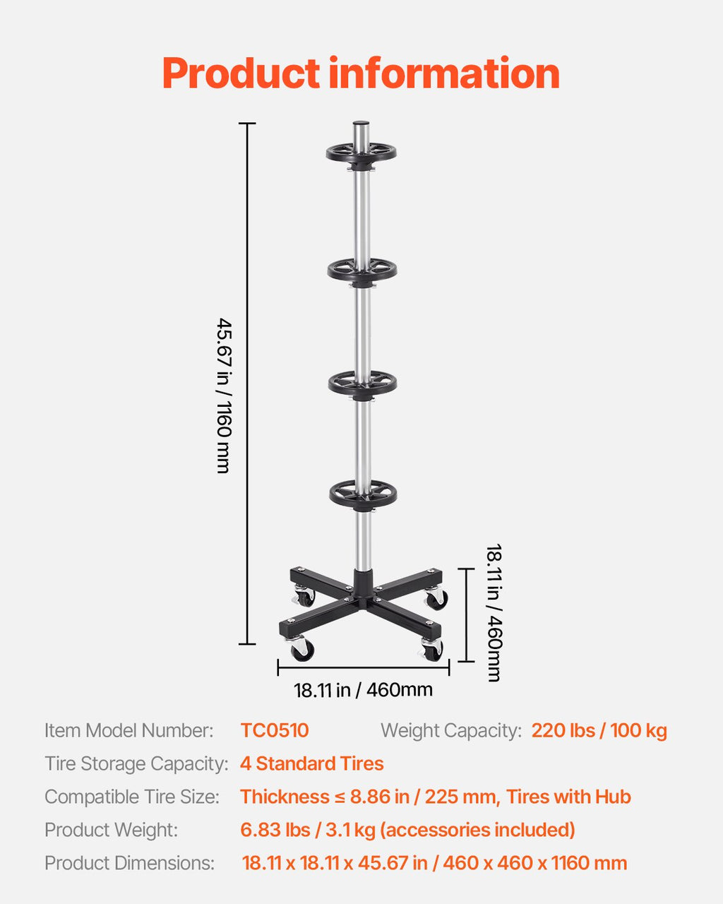 Padangų stovas VEVOR TC0510, 4 padangoms iki 225 mm pločio