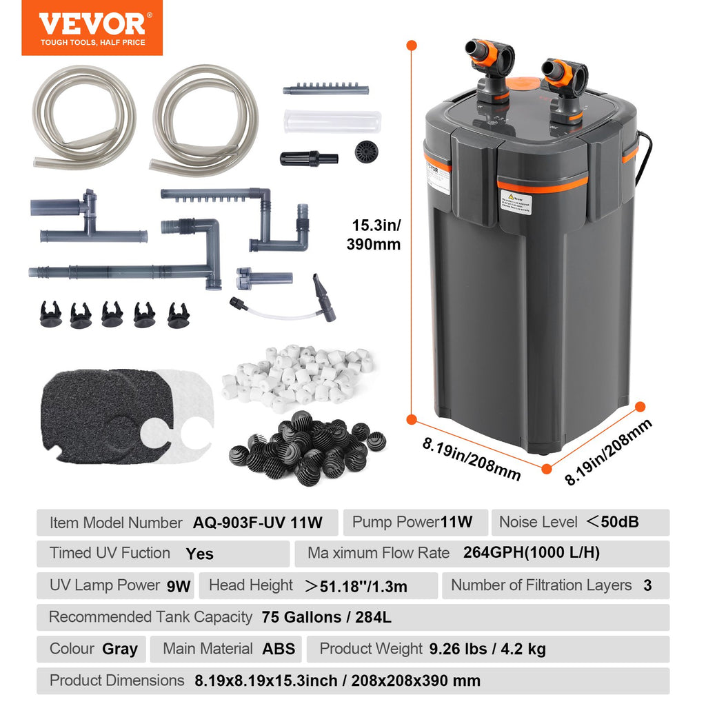 Išorinis akvariumo filtras VEVOR AQ-903F-UV 11W, 1000 l/val.